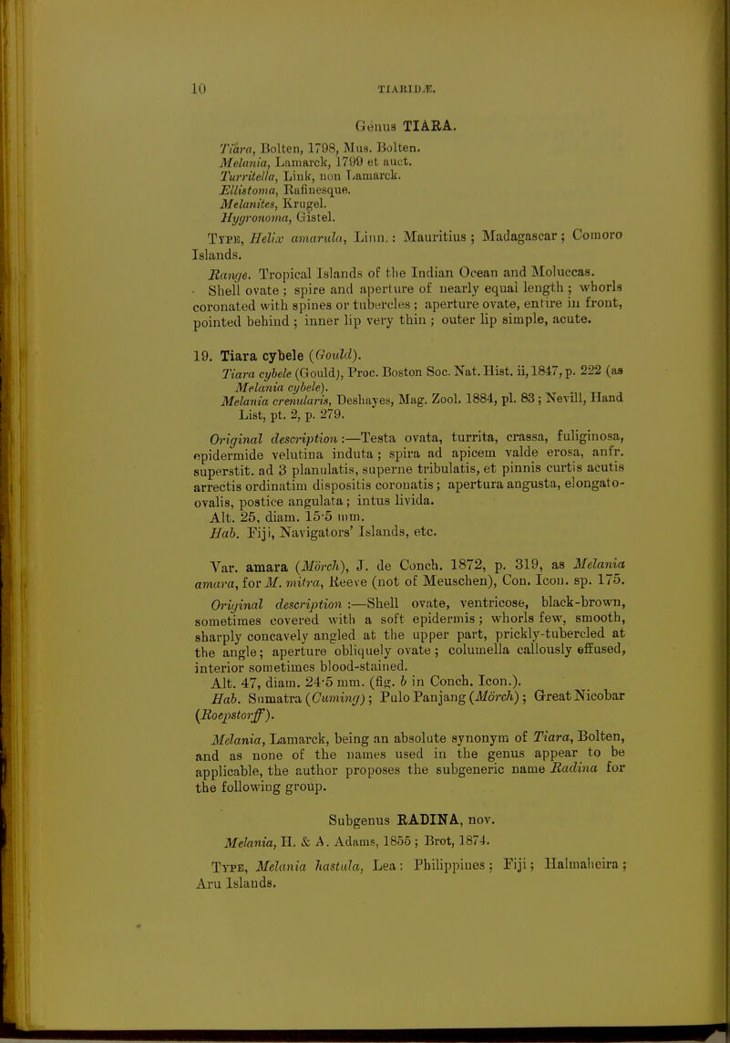 Genus TIARA. Tiara, Bolten, 1798, Mus. Bolten. Melania, Lamarck, 1799 et auct. Turritella, Link, non Lamarck. Ellistoma, Rafinesque. Melanites, Krugel. Hygronoma, Gistel. TrpiD, Helix amarulu, Linn.: Mauritius ; Madagascar ; Comoro Islands. Range. Tropical Islands of the Indian Ocean and Moluccas. • Shell ovate ; spire and aperture of nearly equal length ; whorls coronated with spines or tubercles ; aperture ovate, entire in front, pointed behind ; inner lip very thin ; outer lip simple, acute. 19. Tiara cybele {Gould). Tiara cybele (Gould;, Proc. Boston Soc. Nat. Hist, ii, 1847, p. 222 (as Melania cybele). Melania crenularis, Deshayes, Mag. Zool. 1884, pi. 83 ; Nevill, Hand List, pt. 2, p. 279. Original description:—Testa ovata, turrita, crassa, f uliginosa, epidermide velutina induta; spira ad apicem valde erosa, anfr. superstit. ad 3 planulatis, superne tribulatis, et pinnis curtis acutis arrectis ordinatim dispositis coronatis; apertura angusta, elongato- ovalis, postice angulata; intus livida. Alt. 25, diain. 15-5 mm. Hah. Fiji, Navigators' Islands, etc. Var. amara {Morcli), J. de Conch. 1872, p. 319, as Melania amara, for M. mitra, Reeve (not of Meuschen), Con. Icon. sp. 175. Original description :—Shell ovate, ventricose, black-brown, sometimes covered with a soft epidermis; whorls few, smooth, sharply concavely angled at the upper part, prickly-tubercled at the angle; aperture obliquely ovate ; columella callously effused, interior sometimes blood-stained. Alt. 47, diam. 24-5 mm. (fig. b in Conch. Icon.). Hob. Sumatra {Cuming); Pulo Panjang {Morch) ; Great Nicobar {Roepstorff). Melania, Lamarck, being an absolute synonym of Tiara, Bolten, and as none of the names used in the genus appear to be applicable, the author proposes the subgeneric name Radina for the following group. Subgenus RADINA, nov. Melania, H. Sc A. Adams, 1855 ; Brot, 1874. Type, Melania Jiastala, Lea; Philippines; Fiji; Halmaheira ; Aru Islands.