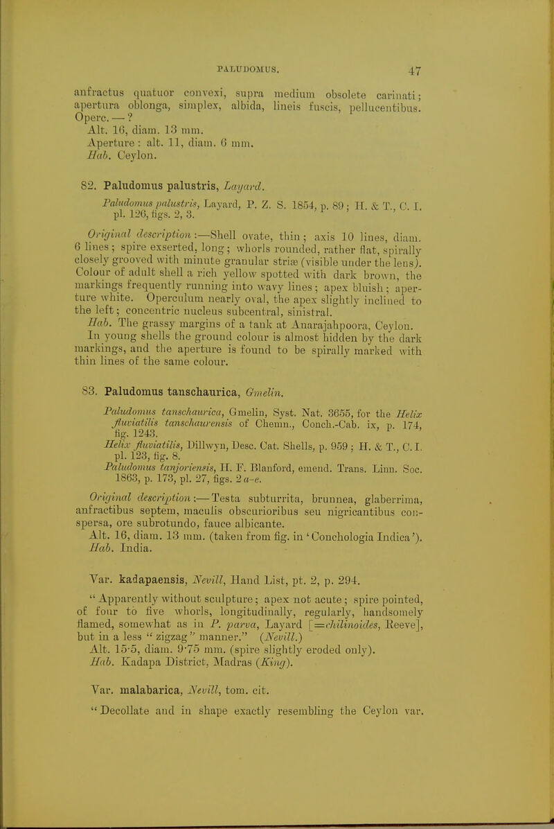 anfractus quatudr convexi, supra medium obsolete cariuati; apertura oblonga, simplex, albida, liueis fuscis, pellucentibus! Operc. — ? Alt. lb', diam. 13 mm. Aperture : alt. 11, diam. 6 mm. Hab. Ceylon. 82. Paludomus palustris, Layard. Paludomus palustris, Layard, P. Z. S. 1854, p. 89: H. & T 0 I. pi. 12G, tigs. 2, 3. > r , Original description:—Shell ovate, thin; axis 10 lines, diam. 6 lines ; spire exsertecl. long ; whorls rounded, rather flat, spirally closely grooved with minute granular striae (visible under the lensj. Colour of adult shell a rich yellow spotted with dark brown, the markings frequently running into wavy lines ; apex bluish ; aper- ture white. Operculum nearly oval, the apex slightly inclined to the left; concentric nucleus subcentral, sinistral. Hab. The grassy margins of a tank at Anarajahpoora, Ceylon. In young shells the ground colour is almost hidden by the dark markings, and the aperture is found to be spirally marked with thin lines of the same colour. 83. Paludomus tanschaurica, Gmelin. Paludomus tanschaurica, Gmelin, Syst. Nat. 3655, for the Helix Jtuviatilis tanschaurensis of Chemn., Conch.-Cab. ix. v 174 tig. 1243. 1 Helix Jtuviatilis, Dillwyn, Desc. Cat. Shells, p. 959 : 41. & T., C.I. pi. 123, fig. 8. ' Paludomus tanjoriensis, EL F. Blanford, emend. Trans. Linn. Soc 1863, p. 173, pi. 27, figs. 2«-e. Original description \—Testa subturrita, brunnea, glaberrima, anfractibus septem, macuiis obscurioribus seu nigricantibus con- spersa, ore subrotundo, fauce albicante. Alt. 16, diam. 13 mm. (taken from fig. in 'Conchologia Indica'). Hab. India. Var. kadapaensis, Nevill, Hand List, pt. 2, p. 294.  Apparently without sculpture; apex not acute; spire pointed, of four to five whorls, longitudinally, regularly, handsomely flamed, somewhat as in P. parva, Layard [—chilinoides, Keeve], but in a less  zigzag  manner. {Nevill.) Alt. 15-5, diam. 9'75 mm. (spire slightly eroded only). Hab. Kadapa District, Madras {King). Var. malabarica, Nevill, torn. cit.  Decollate and in shape exactly resembling the Ceylon var.