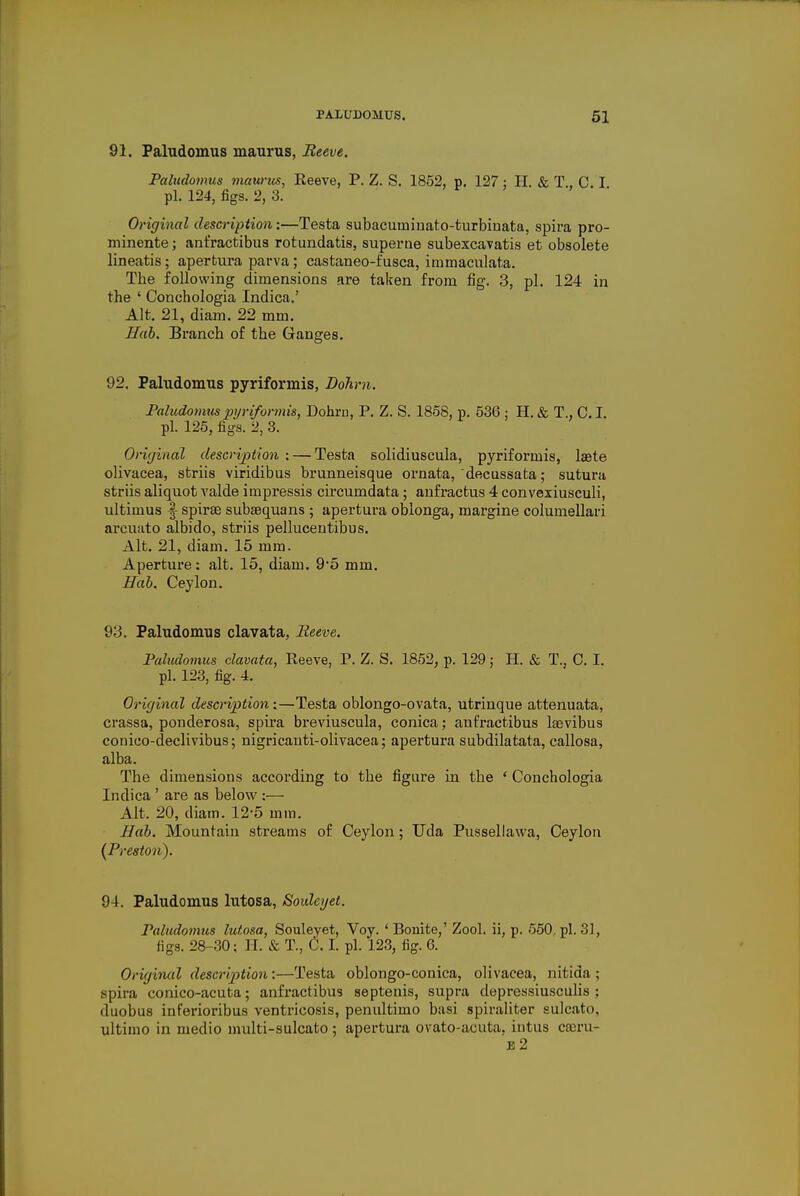 91. Paludomus maurus, Reeve. Paludomus maurus, Reeve, P. Z. S. 1852, p. 127: H. & T C I pi. 124, figs. 2, 3. Original description:—Testa subacuininato-turbinata, spira pro- minente; ant'ractibus rotundatis, superne subexcavatis et obsolete lineatis; apertura parva; castaneo-fusca, irnmaculata. The following dimensions are taken from fig. 3, pi. 124 in the ' Conchologia Indica.' Alt. 21, diam. 22 mm. Hab. Branch of the Ganges. 92. Paludomus pyriformis, Dohm. Paludomtis piriformis, Dohm, P. Z. S. 1858, p. 536 ; H. & T., C. I. pi. 125, figs. 2, 3. Original description : — Testa solidiuscula, pyriformis, lsete olivacea, striis viridibus brunneisque ornata, decussata; sutura striis aliquot valde impressis circumdata; anfractus 4 convexiusculi, ultimus § spirse suba3quans ; apertura oblonga, margine columellari arcuato albido, striis pelluceutibus. Alt. 21, diam. 15 mm. Aperture: alt. 15, diam. 9'5 mm. Hab. Ceylon. 93. Paludomus clavata, Reeve. Paludomus clavata, Reeve, P. Z. S. 1852, p. 129 j H. & T., 0. I. pi. 123, fig. 4. Original description:—Testa oblongo-ovata, utrinque attenuata, crassa, ponderosa, spira breviuscula, conica; aufractibus laevibus conieo-declivibus; nigricanti-olivacea; apertura subdilatata, callosa, alba. The dimensions according to the figure in the ' Conchologia Indica ' are as below :— Alt. 20, diam. 12-5 mm. Hab. Mountain streams of Ceylon; Uda Pussellawa, Ceylon {Preston). 94. Paludomus lutosa, Souleyet. Paludomus lutosa, Souleyet, Voy. ' Bonite,' Zool. ii, p. 550. pi. 31, figs. 28-30; H. & T., C. I. pi. 123, fig. 6. Original description:—Testa oblongo-conica, olivacea, nitida ; spira conico-acuta; anfractibus septenis, supra depressiusculis ; duobus inferioribus ventricosis, penultimo basi spiraliter sulcato, ultimo in medio multi-sulcato; apertura ovato-acuta, iutus ceeru- e2