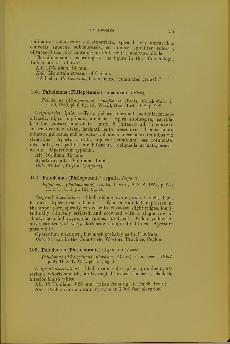 tudinaliter subobscure sulcato-striata, spira brevi; anfractibus convexis superne subdepressis, et minute spiraliter sulcatis, olivaceo-fusca, nigricante obscure bifasciata ; apertura albida. The dimensions according to the figure in the 4 Conchologia Indica' are as follows :— Alt. 17*5, diam. 14 mm. Rab. Mountain streams of Ceylon.  Allied to P. decussata, but of more acuminated growth. 103. Paludomus (Philopotamis) rupaeformis (Broi). Paludomus {Philopotamis) rupaformis (Brot), Concli.-Cab. ii p. 30, 1880, pi. 5, fig. 10; Nevill, Hand List, pt. 2, p. 298. Original description:—Testa globoso-mucronata, solidula, corneo- olivacea, nigro inquinata, unicolor. Spira subintegra, parvula, breviter concavo-mucronata; anfr. 6 (integrae ad 7) convexi, sutura distincta divisi, lsevigati, lente crescentes; ultimus subito inflatus, globosus, sublsevigatus vel striis incrementi tenuibus vix striatulus. Apertura ovata, superne acuminata, basi rotundata, intus alba, vel pallide late bifasciata ; columella arcuata, crassi- uscula. Operculum typicum. Alt. 16, diam. 12 mm. Aperture : alt. 10-5, diam. 6 mm. Hah. Matale, Ceylon (Layard). 104. Paludomus (Philopotamis) regalis, Layard. Paludomus (Philopotamis) rer/alis, Layard, P. Z. S. 1854, p. 93 ; H. & T., C. I. pi. 121, fig. 10. Original description :—Shell oblong ovate ; axis 1 inch, diam. 9 lines. Spire exserted, short. Whorls rounded, depressed at the upper part, spirally corded with close-set slight ridges, longi- tudinally minutely striated, and crowned with a single row of short, sbarp, hollow, angular spines, closely set. Colour yellowish- olive, painted with wavy, dark brown longitudinal lines. Aperture pure white. Operculum unknown, but most probably as in P. sulcata. Hub. Stream in the Cnia Corle, Western Province, Ceylon. 105. Paludomus (Philopotamis) nigricans (Reeve). Paludomus (Philopotamis) nigricans (Eeeve), Con. Icon., Palud. sp. 6 ; H. & T., C. I. pi. 124, fig. 1. Original description:—Shell ovate, spire rather prominent, ex- serted ; whorls smooth, faintly angled towards the base; blackish, interior bluish white. Alt. 13-75, diam. 9*25 mm. (taken from fig. in Conch. Icon.). Hub. Ceylon (in mountain streams at 6,000 feet elevation).