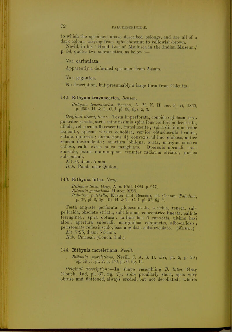 PA l.l HKSTKI M H i:. to which the specimen above described belongs, and are all o£ a (lurk colour, varying Prom light chestnut to yellowish-brown. Nevill, in his ' Hand List of Mollusca iii the Indian Museum,' p. 34, quotes two subvarieties, as below:— Var. carinulata. Apparently a deformed specimen from Assam. Var. gigantea. No description, but presumably a large form from Calcutta. 142. Bithynia travancorica, Benson. Bithynia travancorica, Benson, A. M. N. II. ser. 3 vi 1860 p. 259; H. & T., C. I. pi. 38, figs. 2, 3. Original description:—Testa imperforata, conoideo-globosa, irre- gulariter striata, striis minutissimis spiralibus confertim decussata, albida, vel corneo-fiavescente, translucente ; spira diinidium tesise aequante, apicem versus conoidea, verfice obtusiusculo hvalina, sutura impressa ; anfractibus 4| convexis, ullimo globoso, antice eensim descendente; apertura obliqua, ovata, margine sinistra calioso, callo extus sulco marginato. Operculo normali, cras- siusculo, extus nonnunquaiu tenuiter radiatim striato ; nucleo subceutrali. Alt. 6, diam. 5 mm. Hub. Ponds near Quilon. 143. Bithynia lutea, Gray. Bithynia lutea, Gray, Ann. Phil. 1824, p. 277. Bithynia goniostoma, Hutton MSS. Faludina pnlchella, Kiister (not Benson), ed. Chemn. Paludina p. 30, pi. 6, fig. 19; H. & T, C. I. pi. 37, fig. 7. Testa anguste perforata, globoso-ovata, sericina, tenera, sub- pellucida, obsolete striata, subtilissime concentrice lineata, pallide ferruginea; spira obtusa; anfractibus 5 convexis, ultimo basi albo; apertura subovali, marginibus conjunctis, albo-callosis; peristornate reflexinsculo, basi angulato subauriculato. {Kiister.) Alt. 7*25, diam. 5-5 mm. Hah. Purneah (Conch. Ind.). 144. Bithynia moreletiana, Nevill. . Bithynia moreletiana, Nevill, J. A. S. B. xlvi, pt. 2, p. 29: op. cit., 1, pt. 2, p. 156, pi. 6, fig. 14. Original description:—In shape resembling B. lutea, Gray (Conch. Ind. pi. 37, fig. 7); spire peculiarly short, apex very obtuse and flattened, always eroded, but not decollated; whorl's