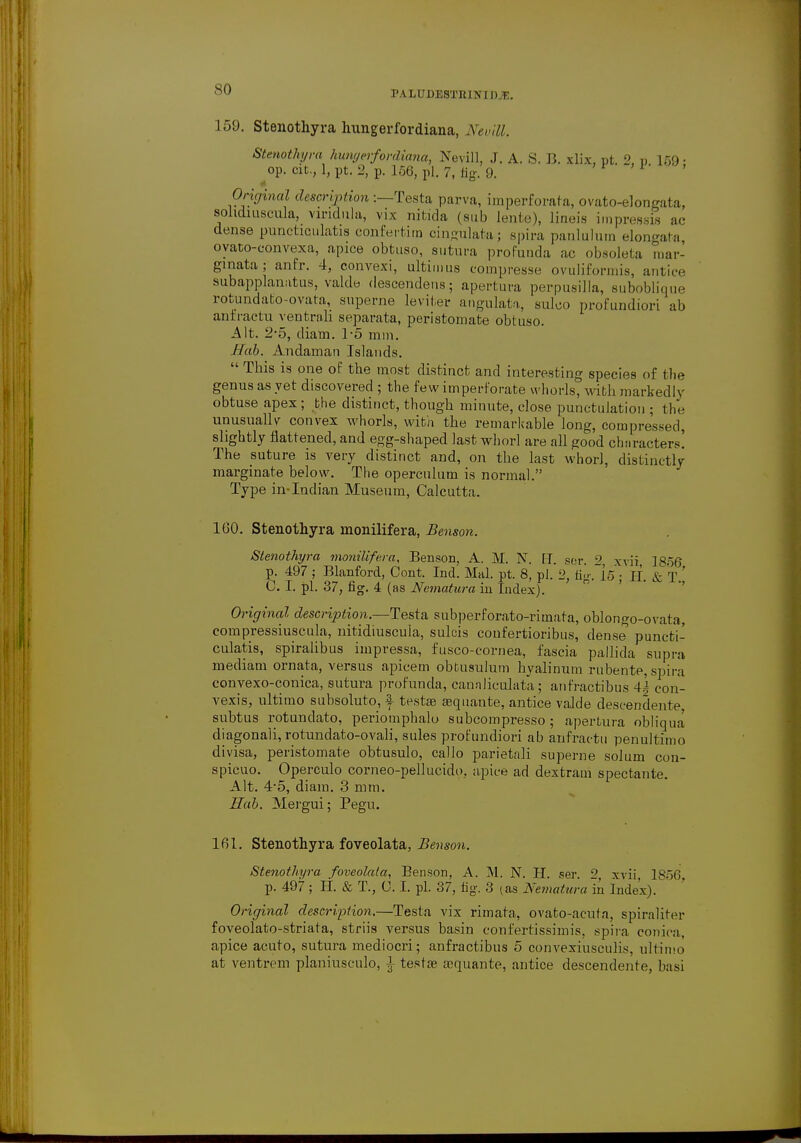 rALUDESTIUNIDjE. 159. Stenothyra hungerfordiana, Nevill. Stenothyra hungerfordiana, Nevill, J. A. S. B. xlix, pt  d 159- op. cit., 1, pt. 2, p. 156, pi. 7, tig. 9. V' ' Original descriptionTesta parva, imperforata, ovato-elongata, sohdiuscula, vindula, vix nitida (sub lente), lineis impressia ac dense punehculatis confertim cingulata; spira panlulura elongata oyato-convexa, apice obtuso, autura profunda ac obsoleta raar- ginata; anfr. 4, convexi, ultimus compresse ovuliformis, antice subapplanatus, valde descendens; aperture perpuailla, auboblique rotundato-ovata, superne leviter angulata, sulco profundiori ab anfractu ventrali separata, periatomate obtuso. Alt. 2-5, diam. 1-5 mm. Hub. Andaman Islands.  This is one of the most distinct and interesting species of the genus as yet discovered ; the few imperforate whorls, with markedly obtuse apex; the distinct, though minute, close punctulation ; the unusually convex whorls, with the remarkable long, compressed, slightly flattened, and egg-shaped last whorl are all good characters! The suture is very distinct and, on the last whorl, distinctly marginate below. The operculum is normal. Type in-Indian Museum, Calcutta. 160. Stenothyra monilifera, Benson. Stenothyra monilifera, Benson, A. M. N. [I. sor. 2 xvii 1856 p^. 497 ; Blanford, Cont. Ind. Mai. pt. 8, pi. 2, tig-. 15; H. & T.' C. I. pi. 37, fig. 4 (as Nematura in Index). Original description.—Testa subperforato-riinata, oblongo-ovata, compressiuscula, nitidiuscula, sulcis confertioribus, dense puncti- culatis, spiralibus impressa, fusco-cornea, fascia pallida supra mediam ornata, versus apicem obfcusulum hyalinum rubente, spira convexo-conica, autura profunda, canaliculata; anfractibus 4i eon- vexis, ultimo subsoluto, f testa? sequante, antice valde descendente subtus rotundato, periomphalo subcompresso; apertura obliqua diagonali, rotundato-ovali, sules profundiori ab anfractu penultimo divisa, peristomate obtusulo, callo parietali superne solum cou- spicuo. Operculo corneo-pellucido, apice ad dextrain spectante. Alt. 4-5, diam. 3 mm. Hub. Mergui; Pegu. 161. Stenothyra foveolata, Benson. Stenothyra foveolata, Benson, A. M. N. H. ser. 2 xvii, 1856 p. 497; II. & T., C. I. pi. 37, tig. 3 (as Nematura in Index). Original description.—Testa vix rimata, ovato-acula, spiralifer foveolato-striata, striis versus basin confertissimis. .spira, conica, apice acuto, autura mediocri; anfractibus 5 convexiusculis, ultimo at ventrem planiusculo, 1 testa? ajquante, autice descendente, basi
