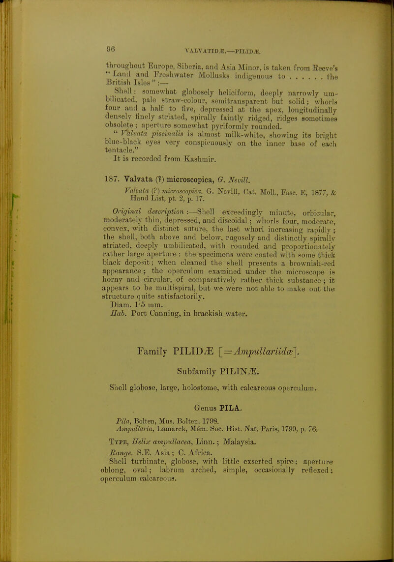 VALYATIDJE.—VlhlBJE. throughout Europe. Siberia, and Asia Minor, is taken from Reeve's  Land and Freshwater Mollusks indigenous to the British Isles  :— Shell : somewhat globosely heliciform, deeply narrowly urn- bilicated, pale straw-colour, semitransparent but solid; whorls four and a half to five, depressed at the apex, longitudinally densely finely striated, spirally faintly ridged, ridges sometimes obsolete ; aperture somewhat pyrit'ormly rounded.  Valvata piscinalis is almost milk-white, showing its bright blue-black eyes very conspicuously on the inner base of each tentacle. It is recorded from Kashmir. 187. Valvata (?) microscopica, O. Nevill. Valvata (?) microscopica, G. Nevill, Cat. Moll., Fasc. E, 1877. & Hand List, pt. 2, p. 17. Original description :—-Shell exceedingly minute, orbicular, moderately thin, depressed, and discoidal; whorls four, moderate, convex, with distinct suture, the last whorl increasing rapidly ; the shell, both above and below, rugosely and distinctly spirallv striated, deeply umbilicated, with rounded and proportionately rather large aperture : the specimens were coated with some thiols black deposit; when cleaned the shell presents a brownish-red appearance ; the operculum examined under the microscope is horny and circular, of comparatively rather thick substance ; it appears to be multispiral, but we were not able to make out the structure quite satisfactorily. Diam. 1*5 mm. Bab. Port Canning, in brackish water. Family PILIDzE [=Am]f)ullariidctf\. Subfamily PILIN2E. Shell globose, large, holostome, with calcareous operculum. Genus PlLA. Pila, Bolten, Mas. Bolten. 1798. Ampidlaria, Lamarck, Mem. Soc. Hist. Nat, Paris, 1799, p. 76. Tjtpe, Helix' ampullacea, Linn.; Malaysia. Range. S.E. Asia; C. Africa. Shell turbinate, globose, with little exserted spire; aperture oblong, oval; labrum arched, simple, occasionally reflexed; operculum calcareous.