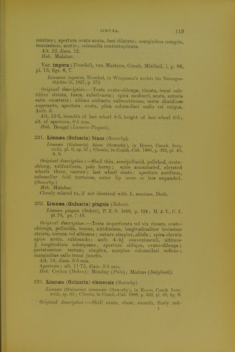 LIMNJEA. 11$. maximo; apertura ovata-acuta, basi dilatata; inarginibua integrisr tenuissimis, acutis ; columella contortuplicata Alt. 22, diaui. 12. Hah. Malabar. Yar. impura (Troschel), von Martens, Conch. Mittheil. i, to. 86,. pi. 15, figs. 6, 7. 1 Limnaus impurus, Troscliel, in Wiegmanu's ArcMv fiir Naturo-es- cliichte iii, 1S37, p. 171'. _ Original description:—Testa ovato-oblonga, rimata, tenui sub- tiliter striata, fusca, subolivacea ; spira medioeri, acuta, suturis satis excavatis: ultimo anfractu subventricoso, testae dimidium superante, apertura ovata, plica columellari nullo vel exiaua. Anfr. 5. Alt. 15-5, breadth of last whorl 8 5, height of last whorl 6-5;. alt. of aperture, 8-o mm. JIab. Bengal (Lamare-Picquoi). 221. Limnaea (Gulnaria) hians (Sowerby). Limncea (Gulnaria) Mans (Sowerby), in Reeve, Conch. Icon.- xviii, pi. 9, sp. 57 ; Clessin, in Conch.-Cab. 1886, p. 392, pi, 45, fi. 9. Original description :—Shell thin, semipellucid, polished, ovate- oblong, subfusiform, pale horny; spire acuminated, elevated whorls three, narrow: last whorl ovate; aperture auriform,, columella!* fold tortuous, outer lip more or less expanded. {Sowerby.) Hah. Malabar. Closely related to, if not identical with L. succinea, Desh. 222. Limnaea (Gulnaria) pinguis {Dohrn). Limncea pinguis (Dohrn), P. Z. S. 1858, p. 134 ; H. & T., C. II pi. 70, gs. 7-10. Original description:—Tesla imperforata vel vix rimata, ovato- oblonga, pellucida, tenuis, nitidissima, longiludinaliter levissime striata, cornea vel albicans ; sutura simplex, albida ; spira elevata apice acuto, rubicundo; anfr. 4-4| eonvexiusculi, ultimus- § longitudinis subaaquans , apertura' obliqua, ovato-oblonga; peristomium rectum, simplex, margine columellari reflexo:. marginibus callo tenui junctis. Alt. 18, diam. 9'5 mm. Aperture : alt. 1 I.'75, diam. 5*5 mm. Hah. Ceylon {Dohrn).; Bombay (Peiie); Madras (Dalglies/iy. 22:;. Limnaea (Gulnaria) siamensis (Soiverhy). Limncea (Gulnaria) siamensis (Sowerby), in Reeve, Conch, tccnr;. xviii, sp. 63; Clessin, in Conch.-Cab. 1886, p. 330, pi. 50, fig-. 9>: Original description :—Shell ovate, obese, smooth, finely red- i