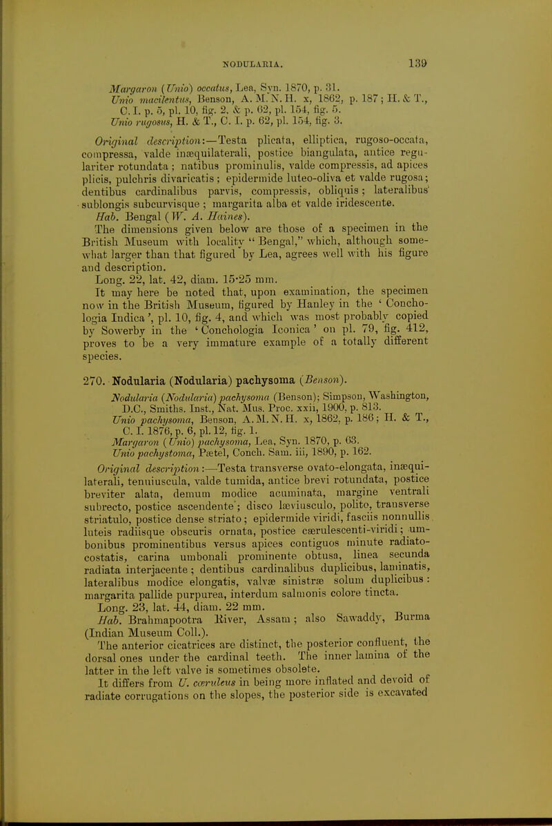 Margaron (Uhio) occatus, Lea, Svn. 1870, p. 81. Um'o macilentiis, Benson, A. M.N. H. x, 1862, p. 187; II. & T., C. I. p. 5, pi. 10, fig. 2, & p. 02, pi. 154, fig. 5. Unto rugosus, H. & T., C. I. p. 62, pi. 154, fig. 3. Original description:—Testa plicata, ellipfcica, rugoso-occatu, compressa, valde inaequilaterali, postice biangulata, autice regu- lariter rotunclata ; natibus prominulis, valde compressis, ad apices plicis, pulchris divaricatis; epidermide luteo-oliva et valde rugosa; dentibus cardinalibus parvis, compressis, obliquis; lateralibus1 sublongis subcurvisque ; margarita alba et valde iridescente. flab. Bengal (W. A. Haines). The dimensions given below are tbose of a specimen in the British Museum with locality  Bengal, which, although some- what larger than that figured by Lea, agrees well with his figure and description. Long. 22, lat. 42, diam. 15-25 mm. It may here be noted that, upon examination, the specimen now in the British Museum, figured by Hanley in the ' Concho- logia Indica pi. 10, fig. 4, and which was most probably copied by Sowerby in the ' Conchologia Iconica ' on pi. 79, fig. 412, proves to be a very immature example of a totally different species. 270. Nodularia (Nodularia) pachysoma (Benson). Nodularia (Nodularia) pachysoma (Benson); Simpson, Washington, D. C., Smiths. Inst., Nat. Mus. Proc. xxii, 1900, p. 813. JJnio pachysoma, Benson, A.M.N. H. x, 1862, p. 186; H. & T., C. I. 187*6, p. 6, pi. 12, tig. 1. Margaron (Unto) pachysoma, Lea, Syn. 1870, p. 03. JJnio pachystoma, Paetel, Conch. Sam. iii, 1890, p. 162. Original description:—Testa transverse ovato-elongata, inaequi- laterali, tenuiuscula, valde tumida, antice brevi rotundata, postice breviter alata, demum modice acuminata, margine ventrali subrecto, postice ascendente; disco keviusculo, polito, transverse striatulo, postice dense striato; epidermide viridi, f asciis nonnullis luteis radiisque obscuris ornata, postice cserulescenti-viridi; um- bonibus prominentibus versus apices contiguos minute radiato- costatis, carina umbonali prominente obtusa, linea secunda radiata interjacente; dentibus cardinalibus duplicibus, lanunatis, lateralibus modice elongatis, valvse sinistrse solum duplicibus : margarita pallide purpurea, interdum salmonis colore tincta. Long. 23, lat. 44, diam. 22 mm. Bab. Brahmapootra Eiver, Assam; also Sawaddy, Burma (Indian Museum Coll.). The anterior cicatrices are distinct, the posterior confluent, the dorsal ones under the cardinal teeth. The inner lamina of the latter in the left valve is sometimes obsolete. It differs from U. ccvrideus in being more inflated and devoid of radiate corrugations on the slopes, the posterior side is excavated