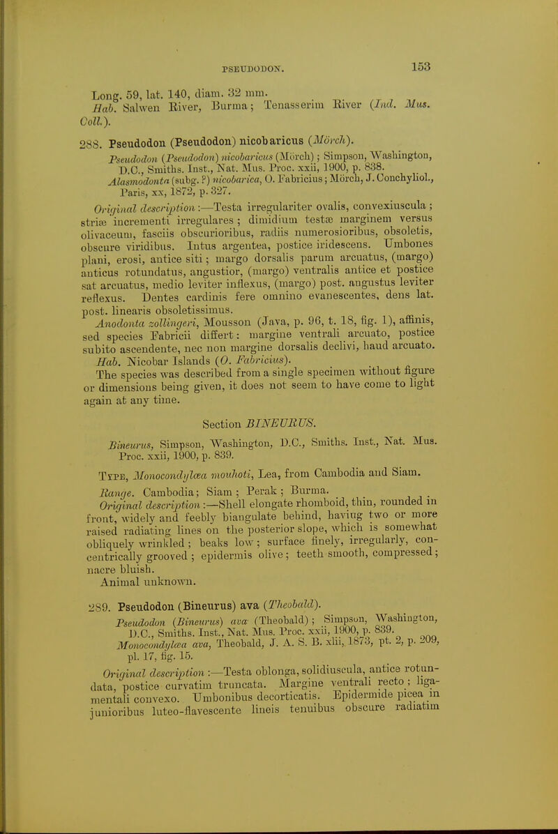 rSEUDODON'. Long. 59, lat. 140, diam. 32 mm. Ha!>. Salwen River, Burma; Tenasserim River (Ind. Mas. Coll). 288. Pseudodon (Pseudodon) nicobaricus (March). Pseudodon (Pseudodon) nicobaricus (Morch); Simpson, Washington, B.C., Smiths. Inst., Nat. Mus. Proc. xxii, 3900, p. 838. Ala'smodonta (subg. ?) nicobarica, 0. Fabiicius; Morch, J. Conchy hoi., Paiis, xx, 1872, p. 327. Original description :—Testa irregulariter ovalis, convexiuscula ; stria? 'increment! irregulares ; diroidium testae marginem versus olivaceuni, fasciis obscurioribus, radiis numerosioribus, obsoletis, obscure viridibus. Intus argentea, postice iridescens. Umbones plani, erosi, antice siti; margo dorsalis parum arcuatus, (inargo) auticus rotundatus, angustior, (margo) ventralis antice et postice sat arcuatus, medio leviter inflexus, (margo) post, augustus leviter reflexus. Dentes carditis fere omnino evanescentes, dens lat. post, linearis obsoletissimus. Anoclonta zollingeri, Mousson (Java, p. 96, t. 18, fig. 1), affims, sed species Fabricii differt: margins ventrali arcuato, postics subito ascendente, nec non margine dorsalis declivi, haud arcuato. Hob. Nicobar Islands (0. Fabricius). The species was described from a single specimen without figure or dimensions being given, it does not seem to have come to light again at any time. Section BINEURUS. Bineurus, Simpson, Washington, B.C., Smiths. Inst., Nat. Mus. Proc. xxii, 1900, p. 839. Type, Monocondylcea mouhoti, Lea, from Cambodia and Siam. Range. Cambodia; Siam; Perak ; Burma. Original description :—Shell elongate rhomboid, thin, rounded in front, widely and feebly biangulate behind, having two or more raised radiating lines on the posterior slope, which is somewhat obliquely wrinkled ; beaks low ; surface finely, irregularly, con- centrically grooved ; epidermis olive ; teeth smooth, compressed; nacre bluish. Animal unknown. 289. Pseudodon (Bineurus) ava (Theobald). Pseudodon (Bineurus) ava (Theobald) ; Simpson, Washington, D.C., Smiths. Inst., Nat. Mus. Proc. xxii, 1900, p. 839. Monocondylcea ava, Theobald, J. A. S. B. xb.1,,1873, pt. 2, p. 209, pi. 17, fig. 15. Original description :—Testa oblonga, solidiuscula, antice rotun- data, postice curvatim truncata. Margine ventrali recto ; liga- mentali convexo. Uinbonibus decorticatis. Epidermide picea in junioribus luteo-flavescente lineis tenuibus obscure radiatim