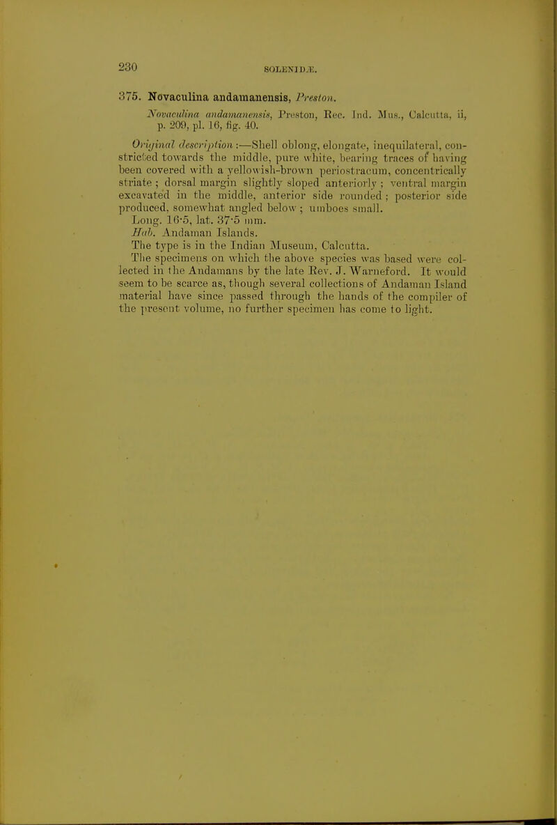 SOLBNIDJE. 375. Novaculina andamanensis, Preston. Novaculina andamanensis, Preston, Rec. hid. Mus,, Calcutta, ii, p. 209, pi. 16, fig. 40. Original description :—Shell oblong, elongate, inequilateral, con- stricted towards the middle, pure white, bearing traces of having been covered with a yellowish-brown periostracum, concentrically striate ; dorsal margin slightly sloped anteriorly ; ventral margin excavated in the middle, anterior side rounded; posterior side produced, somewhat angled below ; uinboes small. Long. 16*5, lat. 37'5 mm. Hab. Andaman Islands. The type is in the Indian Museum, Calcutta. The specimens on which the above species was based were col- lected in the Andamans by the late Eev. J. Warneford. It would seem to be scarce as, though several collections of Andaman Island material have since passed through the hands of the compiler of the present volume, no further specimen has come to light.