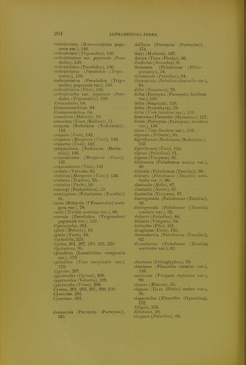 erebristriata (MonncondyliBa pegu- ensis yar.), 149. erebristriata (Trigonodon), 150. erebristriatum var. peguensis (Pscu- dodon), 150. crebristriatus (Pseudodon), 150; crebristriatus (Pseudodon (Trigo- nodon)), 150. crebristriatUB ( Pseud od on (Trigu- noiloii) peguensis Tar.), 150. crebristriatus ( Unto), 150. crebristriatus var. peguensis (Pseu- dodon (Trigonodon)), 150. Crcmnobates, 64. Oremnoconcliinn?. 64. Crernnoconcbus, 64. crenularis (Melanin), 10. erenulata (Tiara (fiadina)), 11. crisputa (Nodularia (Nodularia)), 142. crispata (Unio), 142. crispatus (Margaron (Unio)). 142. crispatus (Unio). 142. criapisulcata (Nodularia (Radia- ' tula)), 146. crispisulcatus (Margaron (Unio)), 147. crispisulcatus (Unio), 14/. cristata (Valvata), 05. cristatus (Margaron (Unio)), 136. cristatus (Trochus), 95. cristatus (Turbo), 95. cumingi (Pacbyelrilus), 29. cuminsiana (Paludomus (Tanalia)), 61. carta (Bitbynia (? Fossarulus) costi- gera var.), 78. curta (Tricula montana var.), 68. enrvata (Pseudodon (Trigonodon) peguensis var.), 152. Qyanocyclas, 201. cybele (Melania), 10. cybele (Tiara), 10. CycladMes, 223. C'yclas, 201, 207, 210, 223, 224. Cyclostoma, 95. cylindrica (Lamellidens marginalia var.), 179. cylindrica (Unio mart/in a/is var.), 179. Cypinna, 207. cyprinoides (Oyrena), 209. cyprinoides (Velorita), 209. cyprinoides (Venus), 209. Cyrena, 201, 202, 207, 209, 210. 0yrenida3, 201. Cyrenina3, 201. daccaeiisis (Parreysia (Parreysio.)), J 65. dalliana (Perrcysia (Parrevxia)), 174. dalyi (Mulleria), 197. datura (Tiara (Plotia)), 30. dealbatus (Strombus), 9. decussata (Paludomus (Philo- potamis)), 54. decussalula 'Paludina), 94. decussalula (Paltidina dissimilis var.), 94. delta (Nanalura), 79. delta: (Parreysia (Parreysia) favidens var.), 159. delta' (Scapbula), 130. deltas (Stenotbyra), 79. delta ( Unio favidt ns var.;, 159. demissus (Planorbis (Gyraulus)), 121. densa (Parreysia (Parreysia) favidens var.), 159. densa (Unio favidens var.), 159. depressa, (Valvata), 95. digiUfomiis (Nodularia (Nodularia)), 135. digitiformis (Unio). 135. digona (Paludina), 91. cligona (Vivipara), 91. dibirensis (Paludomus conica var.), 40. dilatata (Paludomus (Tanalia)), (ill. dilatata (Paludomus (Tanalia) neri- toides var. ?), 60. dissimilis (Helix), 87. dissimilis (Nerita), 87. dissimilis (Vivipara), 87. distinguenda (Paludomus (Tanalia)), 59. distinguenda (Paludomus (Tanalia) aculeata var.), 59. doliaris (Paludina), 84. doliaris (Vivipara), 84. dolioides (Pila), 101. douglasise (Unio), 135. dromedarius (Paludomus (Tanalia)), G2. dromedarius (Paludomus (Tanalia) neritoides var.), 62. eburncus (Litboglyjobus), 70. eburnens (Planorbis exustus var.). 116. ecarinata (Vivipara eeylonica var.), 90. elegans (Melania), 35. elegans (Tiara (Plotia) seabra var.), 36. elegantulus (Planorbis (Gyraulus}), 122. EUiptio, 134. Ellistoma, 10. elongata (Paludina), 83.