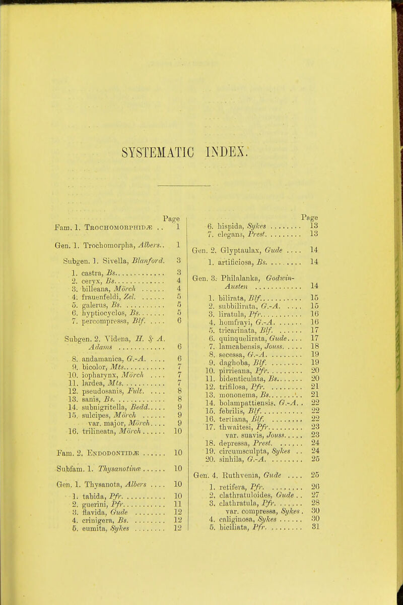 SYSTEMATIC INDEX. Fam. 1. TaocHOMonPHiDiE Page . 1 Gen. 1. Trochomorphn, ^/ie;'s.. 1 Subgen. ]. Sivella, Blanford. 3 1. castra, Bs 3 2. ceryx, Bs 4-. 3. billeana, Morch 4 4. frauBiifeldi, Zel 5 5. galerus, Bs 5 6. hj'ptiocyclos, Bs 5 7. perooniprossa, Blf. .... 0 Subgen. 2. Videna, II. .5 A. Adams 6 8. andamauica, G.-A 6 9. bicolor, Mts 7 10. iopharynx, Morch .... 7 11. lavdea, ilfis 7 12. pseudosanis, Ftdt 8 13. sanis, Bs 8 14. subnigi'itella, Bedd 9 1.5, sulcipes, Miirch 9 var. maior, Miirch. ... 9 16. trilineata', Morch 10 Fara. 2. ENDODONTIDiE 10 Subfam. 1. Thysanotince 10 Gen. 1. Thysanota, Albars .... 10 1. tabida, iy»' 10 2. guerini, Pfr 11 .'). flavida, Oude 12 4. O'inigera, Bs 12 Page 6. hispida, Si/kcs 13 7. elegans, Presf 13 Gen. 2. Glyptaulax, Gude .... 14 1. artificiosa, Bs 14 Gen. 3. Philalanlca, Godwin- Austen 14 1. bilirata, Blf. 15 2. siibbilirata, G.-A 15 3. liratula, P/V 16 4. bomfiayi, G.-A 16 5. tiicai'inata, Blf. 17 6. qiiinqueliratn, Gude.... 17 7. lamcabensis, Jotiss 18 8. secessa, G.-A 19 9. daghoba, Blf. 19 10. pimeaiia, Pfr 20 11. bidenticulata, Bs 20 12. trifilosa, Pfr 21 13. luonouema,-Ba '. . 21 14. bolampattien.sis. G.-A. . 22 15. febrili:), Blf. 22 10. teriiana, Blf. 22 17. thwaitesi, Pfr 23 var. auavis, Joxiss 23 18. depressa, Prest 24 19. circiuusculpta, Syhes .. 24 20. sinbila, G.-A 25 Gen. 4. Ruthvenia, Gude .... 25 1. i-etifeva, Pfr 2(5 2. clatliratuloides. Gude .. 11 3. clatbratiila, Pfr 28 var. compressa, Sykes . 30 4. caligiuosa, Sykes 30