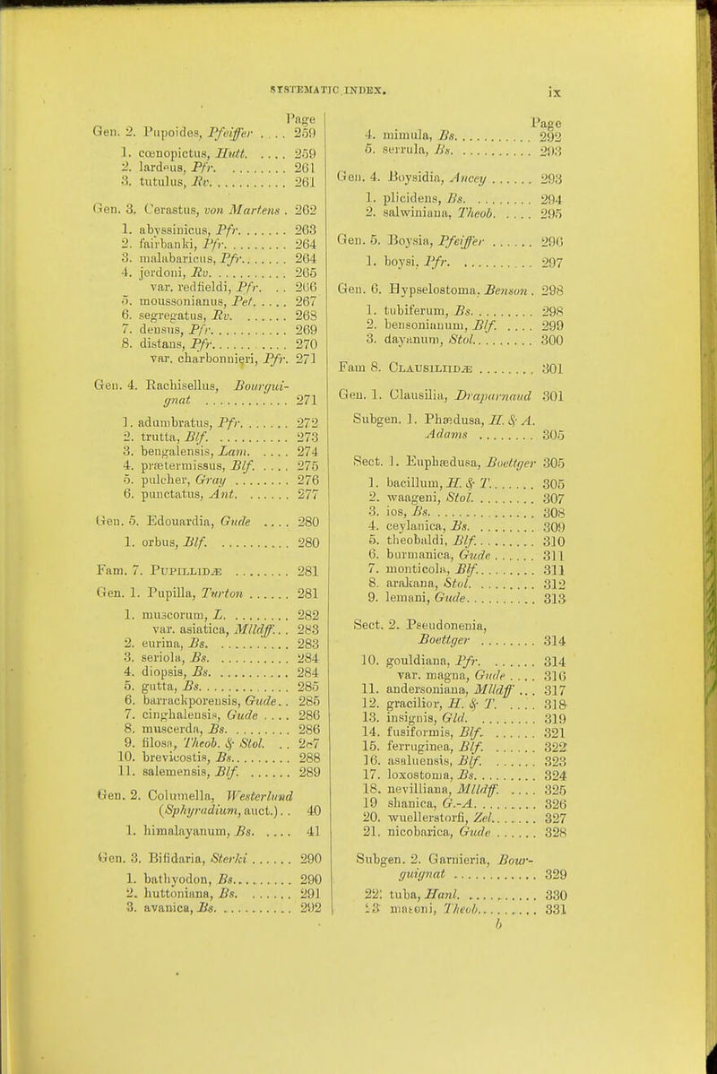 Gen. 2. Pupoides, Pfeifer 259 1. ccBDopictus, Hutt 259 2. lardpus, Pfr 261 3. tutulus, liv 261 Gen. 3. Cerastus, von Martens . 262 1. nbvssinicus, Pfr 268 2. faiibanld, Pfr 264 3. malabaric.il s, Pfr 264 4. jeidoiii, Ru 265 var. retlfieldi, Pfr. . . 206 5. moussonianus, Pet 267 6. segregatus, Rv 263 7. deusiis, Pfr 269 S. distaus, Pfr 270 var, charbonui^ri, Pfr. 271 Geii. 4. Eacbisellus, Bourqui- (jnat ... 271 1. aduinbratus, P/;- 272 2. tnitta, Blf. 273 3. bengalensis, Lam 274 4. pi'ffitei-missus, Blf. .... 275 5. pulclier, Gray 276 6. puiictatus, Ant 277 Geu. 5. Edouaxdia, Gitcle .... 280 1. orbus, Blf 280 Fam. 7. Pupillid^ 281 Gen. 1. Pupilla, Turton 281 1. muscorum, L 282 var. asiatica, Mlldf.. . 283 2. eiirina, Bs ' 283 3. seriola, Bs 284 4. diopsis, Bs 284 5. giitta, Bs 285 6. barrackporeusis, (7t<c?e.. 285 7. ciiif;;halen.si.i, Gude .... 286 8. musoerda, Bs 286 9. filosn, Theob. c^- Stol. . . '2.r:1 10. brevicosti.«, Bs 288 11. salemensis, 289 Cren. 2. Columella, Westerlimd (Sphyradium, auct.). . 40 1. himalayanum, Bs 41 Gen. 3. Bifidaria, SterJci 290 1. batliyodon, Bs 290 2. huttoniiina, Bs 291 3. avanica,^« 292 4. mimula, Bs 292 5. .serrula, 2!):^ Gen. 4. Boysidia, Anccy 293 1. plicidens, Bs 294 2. salwiuiiuia, Theob 295 Gen. 6. Boysia, Pfeiffer 29Ci 1. boysi. Pfr 297 Gen. 6. Ilypselostoma, ^erisow . 298 1. tubiferum, Bs 298 2. bensoniunum, Blf. .... 299 3. dayanum, Stol..'. 300 Fam 8. CLAUSiLiiDiE 301 Gen. 1. ClausUia, Brapurnaud 301 Subgen. 1. Phffidusa, II. &; A. Adams 305 Sect. 1. Euphasdusa, BoeUger 305 1. bacillum, H.^T. 305 2. waageni, Stol. .307 3. ios, 308 4. ceylanica, Bs 309 6. tlieobaldi, Blf. 310 6. biumanica, Gude 311 7. monticola, Blf. 311 8. araJcana, Stol 312 9. lemani, Gude 313. Sect. 2. Pseudonenia, Boettger 314 10. gouldiana, Pfr 314 var. magna, Gude .... 310 11. andersoniana, ilf//rZ/'.. . 317 12. gracilior, H. T. 31& 13. insignis, GUI 319 14. fusiformis, Blf. 321 15. ferriiginea, Blf. 322 16. asaluensis, Blf. 323 17. loxostonia, Bs 324 18. nevilliana, Mlldf. 325 19 shanica, G.-A 326 20. wuellerstorfi, Zel 327 21. nicobarica, Gude 328 Subgen. 2. Garnieria, Bour- guitjnat 329 22: tvi.\,&, Hani 330 13 nintoni, Theoh 331