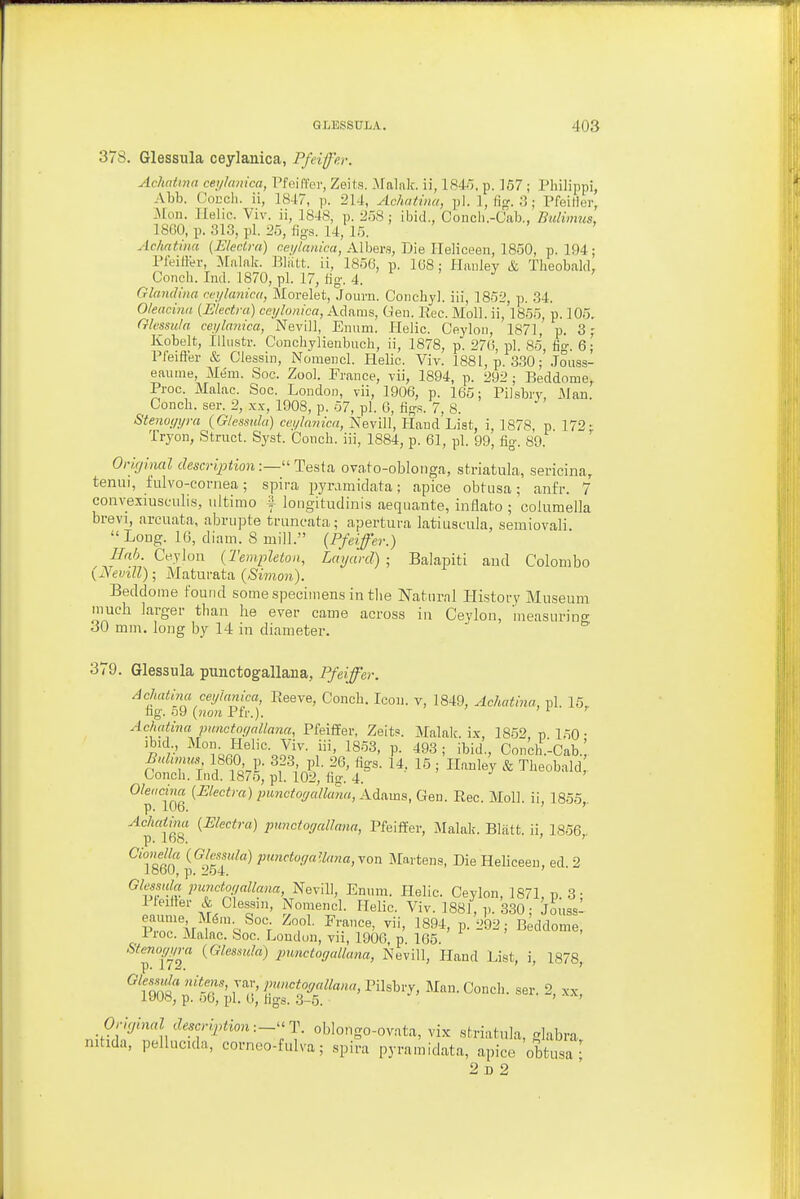 37S. Glessula ceylanica, Pfeijjh-. Achcitinn cei/hmica, Pfeiffer, Zeits. Malak. ii, 184o, p. 357 ; Philippi, Abb. CoDch. ii, 1847, p. 214, Achatina, pi. 1, fifr. .-3; Pfeillor, .^lon. Ilelic. Viv. ii, 1848, p. 258; ibid., Concli.-Oab., Ihilimus, 18G0, p. 313, pi. 25, figs. 14, If). _ ' Achntina (Electm) wy^wm, Albew, Die Ileliceen, 1850, p. 194; PleiHer, jralak. Bliitt. ii, 1850, p. 1C8; Hanley & Tbeobald, Conch. Ind. 1870, pi. 17, fig-. 4. ' ^ ' ' Glandiita cin/lanica, Morelet, Jouru. Conchy], iii, 1852, p. 34. Oleaciim {Electra) ceylonica, Adams, Gen. Rec. Moll, ii, 1855, p. 105. Glessula ceylanica, Nevill, Ennm. Helic. Ceylon, 1871, p. 3 ; Kobolt, Ilhistr. Conchylienbuch, ii, 1878, p. 270, pi. 85, fi'. 6; Pfeift'er & Olessin, Noniencl. Ilelic. Viv. 1881, p. 330; Jouss- eaiinie, Mem. Soc. Zool. France, vii, 1894, p. 292 ; Beddome^ Proc. Malac. Soc. London, vii, 1900, p. 165; Pilsbiy, Man. Conch, ser. 2, .x.y, 1908, p. o7, pi. 0, figs. 7, 8. Stenoiiyra (G/c«s«/(0 ce///ft?zic«, Nevill, Hand List, i, 1878, p 172- Tryon, Struct. Syst. Conch, iii, 1884, p. 61, pi. 99, fig. 89. Orujiml description-.—''Tesia, ova.to-obloiiga, striatula, sericina, tenui, fulvo-cornea; spira pyramidata; apice obtusa; anfr. 7 convexiusculis, ultimo 4 longitudinis aequante, inflate ; columella brevi, arcuata, abriipte truncata; apertura latiuscula, semiovali  Long. 16, diam. 8 milL {Pfeiffer.) Hah. Ceylon (Templetoii, Lcnjdrd) ; Balapiti and Colombo (JVeinll); Maturata (Si^non). Beddome found some specimens in the Natural HLstory Museum much larger than he ever came across in Ceylon, measuring 30 mm. long by 14 in diameter. 379. Glessula punctogallana, Pfeiffer. Achatina ceylanica, Reeve, Conch. Icon, v, 1849, Achatina, pi. 15, ng. o9 {noH Pfr.). ^ ^ Achatina puiictnyaUaim, Pfeiffer, Zeits. Malak i.x, 1852 p 150 • ibid Mon Helic. Viv. iii, 1853, p. 493; ibid., Conch.'-Cab.' Buhnu,, I860 p. 323, pi. 26, figs. 14, 15 ; Hanley & Theobald Conch. Ind. 18/0, pi. 102, fig. 4. ' Oleucina (Electra) punctoffcillana, Adums, Gen. Rec. Moll, ii, 1855. p. lUD. ' Achatina (Electra) punctogallana, Pfeiffer, Malak. Blatt. ii, 1866,. p. loo. * Cionella (Glessula) punctoya'Mia, Yon Martens, DieHeliceen, ed. 2 JooU, p. 254. Gles.mlcc punctoiialUma, Nevill, Ennm. Helic. Ceylon, 1871, p. 3 • 1 teiffer & Clessin, Nomencl. Helic. Viv. 1881, p. 330; Jouss- Proc. Malac. Soc. London, vii, 1906, p. 165. Stenoyyra (Glesmla) punctogallana, Nevill, Hand List, i, 1878, Glesmhi nitms, var, punctogallana, Pilsbry, Man. Conch, ser. 2, xx iyiJ«, p. oO, pi. (), hgs. 3-5. Original descM oblongo-ovata, vix striatula, ^labra nitida, pellucula, corneo-fulva; spira pyramidata, apice obtusa [ 2d 2