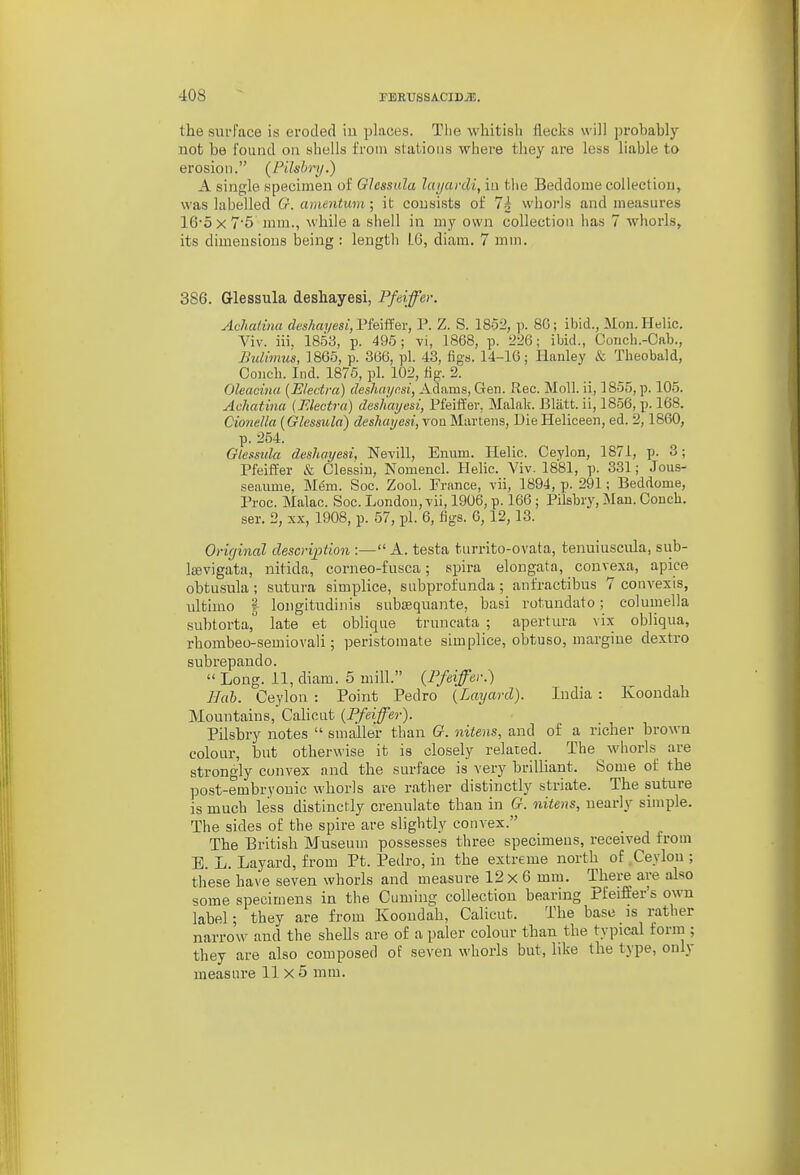 the sui'lace is eroded iu places. The whitisli flecks will probably not be found on shells from stafioiis where they are less liable to erosion. (Pilsbry.) A single specimen of Glcssula layarcU, iu tlie Beddome collection, was labelled G. amentum - it consists of Tg whorls and measures 16-5 X 75 mm., while a shell in my own collection has 7 whorls, its dimensions being : length 1.6, diam. 7 mm. 386. Glessula desliayesi, Pfeiffer. Achatina «?esAa?/es«, Pfeiffer, P. Z. S. 1852, p. 86; ibid., Mon.Helic. Viv. iii. 1853, p. 495; vi, 1868, p. 226; ibid., Oonch.-Cab., Bulimus, 1865, p. 366, pi. 43, figs. 14-16; Ilanley & Theobald, Coiicb. Ind. 1875, pi. 102, fig-. 2. Oleacina [Electra) deshayo.si, Adams, Gen. Rec. Moll, ii, 1855, p. 105. Achatina (FAectra) desliayesi, Pfeiffer, Malalc. Bljitt. il, 1856, p. 168. Cionella (Glessula) deshayesi, voa Martens, Die Heliceen, ed. 2,1860, p. 254. Glesszda deshayesi, Nevill, Emim. Ilelie. Ceylon, 1871, p. 3; Pfeiffer & Clessin, Nomencl. Helic. Viv. 1881, p. 331; Jous- seaume, M^m. See. Zool. France, vii, 1894, p. 291; Beddome, Proc. Malac. See. London, vii, 1906, p. 166; Pilsbry, Man. Conch, ser. 2, XX, 1908, p. 57, pi. 6, figs. 6, 12, 13. Oricjinal descviption :— A. testa turrito-ovata, tenuiuscnla, sub- laevigata, nitida, corneo-fusca; spira elongata, convexa, apice obtusula; sutura simplice, subprofunda; anfractibus 7 convexis, ultimo I longitudinis subsequante, basi rotundato; columella subtorta, late et oblique truncata ; apertura vix obliqua, rhorabeo-semiovali; peristomate simplice, obtuso, margiue dextro subrepando.  Long. 11, diam. 5 mill. (Ffeiffei:) Hah. Ceylon : Point Pedro {Layard}. India : Koondah Mountains, Calicut {Pfeiffer). Pilsbry notes  smaller than G. niteiis, and of a richer brown colour, but otherwise it is closely related. The whorls are strongly convex and the surface is very brilliant. Some of the post-embryonic whorls are rather distinctly striate. The suture is much less distinctly crenulate than in G. nitens, nearly simple. The sides of the spire are slightly convex. The British Museum possesses three specimens, received from E. L. Layard, from Pt. Pedro, in the extreme north of Ceylon ; these have seven whorls and measure 12x6 mm. There are also some specimens in the Cuming collection bearing Pfeiffer's own label; they are from Koondah, Calicut. The base is rather narrow and the shells are of a paler colour than the typical form ; they are also composed of seven whorls but, like the type, only