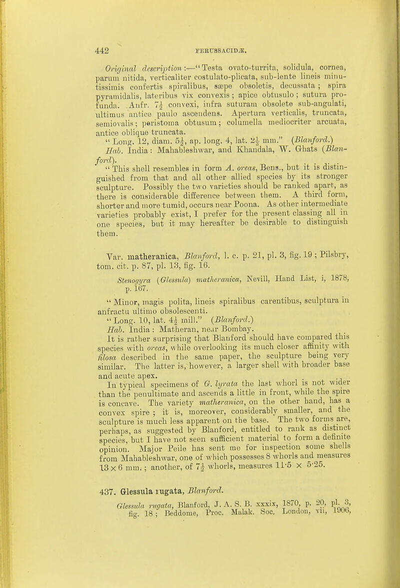 Oiiginal descrijition:—Testa ovato-turrita, solidula, cornea, paruni nitida, verticaliter costulato-plicata, sub-lente lineis minu- tissimis coni'ertis spiralibus, scepe obsoletis, deeussata ; spira pyramidalis, lateribus vix convexis; apice obtiisulo ; sutura pro- funda. Aufr. 7^ coiivexi, infra suturam obsolete siib-angulati, ultimus antice paulo asceiidens. Apertura verticalis, truncata, semiovalis; peristoma obtusum; columella mediocriter arcuata, antice oblique truncata.  Loni^. 12, diam. 5|, ap. long. 4, lat. 2J- mm. {Blanford.) Hah. India: Mahableshwar, and Khandala, W. Ghats {Blan- ford). . . .  This shell resembles in form A. areas, Bens., but it is distin- guished from that and all other allied species b}' its stronger sculpture. Possibly the two varieties should be ranked apart, as there is considerable difference between tliem. A third form, shorter and more tumid, occurs near Poona. As other intermediate varieties probably exist, I prefer for the present classing all in one species, but it may hereafter be desirable to distinguish them. Var. matheranica, Blanford, 1. c. p. 21, pi. 3, fig. 19 ; Pilsbiy, tom. cit. p. 87, pi. 13, fig. 16. Stenocjip-a (Glessula) matheranica, Nevill, Hand List, i, 1878, p. 1(37.  Minor, magis polita, lineis spiralibus carentibus, sculptura in anfractu ultimo obsolescent!.  Long. 10, lat. U mill. (Blanford.) Hah. India : Matheran, near Bombay. It is rather surprising that Blanford should have compared this species with oreas, while overlooking its much closer affinity with Mosa described in the same paper, the sculpture being very similar. The latter is, however, a larger shell with broader base and acute apex. In typical specimens of G. hjrata the last whorl is not wider than the penultimate and ascends a little in front, while the spire is concave. The variety matheranica, on the other hand, has a convex spire ; it is, moreover, considerably smaller, and the sculpture is much less apparent on the base. The two forms are, perhaps, as suggested by Blanford, entitled to rank as distinct species, but I have not seen sufficient material to form a definite opinion. Major Peile has sent me for inspection some shells from Mahableshwar, one of which possesses 8 whorls and measures 13x6 mm.; another, of Ih whorls, measures 11-5 x 5-25. 437. Glessula lugata, Blanford. Glessula rtiqatu, Blanford, J. A. S. B. xxxix, 1870 p. 20, pi. 3, fig. 18 ; Beddome, Proc. Malak. Soc. London, vn, lUOb,