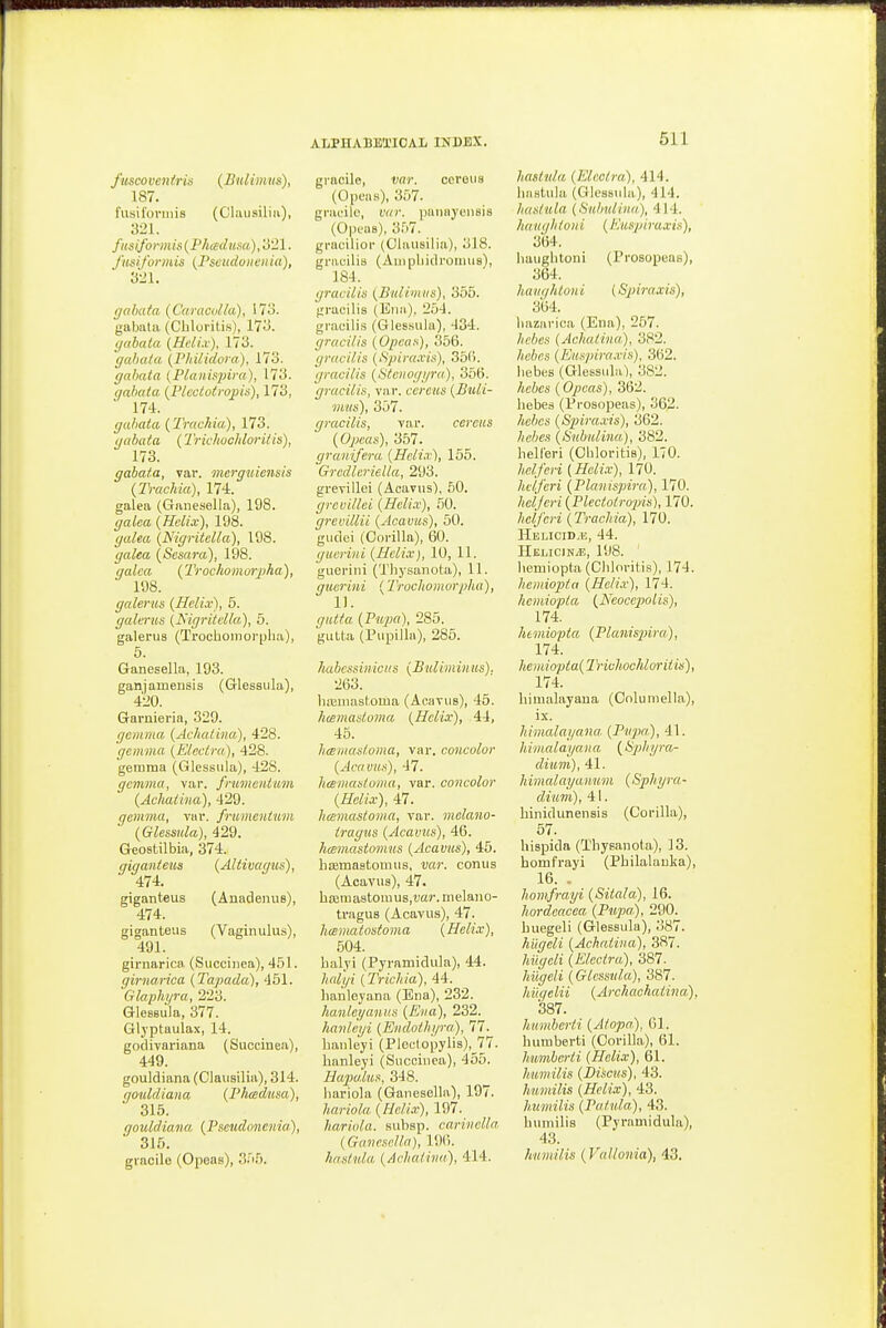 fuscoveiiiris {Bulim us), 187. fusiforinis (Claiisiliii), 321. fusiformi.^ {Phiediisa), 321. Jusiformis (Pscudviieuiu), 321. (jahata (Cciirtcol/a), 173. gabata (Cbluritis), 173. yuhala (Hi-li.v), 173. gahala (I'hUidora), 173. gahata {Plauispim), 173. gahala {Plcctoiropis), 173, 174. gahata {Trachia), 173. (labata (Tricliochloritis), 173. gabata, var. mcrguiensis (Trachia), 174. galea (Ganesella), 198. galea {Helix), 198. (/a^ea (Nigritclla), 108. (jfn/ra {Sesara), 198. oafcft {Trochomorpha), 198. galeriis {Helix), 5. galerus (Ngritclla.), 5. galerus (Trochoinorpli.a), 5. Ganesella, 193. ganjameusis (Glessula), 420. Garuieria, 329. gemma {Achatina), 428. gemma {Eleclra), 428. gemma (Glessiila), 428. gemma, var. fnimentum {Achaiina), 429. gemma, vav. frumcntum {Glessula), 429. Geostilbia, 374. gigaiileus {Altivagus), 474. giganteus (Anadenus), 474. giganteus (Vaginulus), 491. girnarica (Siiccinea), 451. girnarica {Tapada), 451. Glaphijra, 223. GleBBiila, 377. Gljptaulax, 14. godivariana (Suocinea), 449. gouldiana (Clansilia), 314. f/otildiana {Plicedusa), 315. tjouldiava, {Fseudonenia), 315. gracile (Opeas), Siib. gracilo, var. ccroiis (Opeas), 357. gnicile, var. paniij'eiisis (Opc'us), 357. grucilioi- (Oliuisilia), 318. gniuilis (Anipbidroimis), J 84. gracilis {Bidimus), 355. {ii-aeilis (Enii), 254. graoilis (Gles.suia), 434. gracilis {Opeas), 356. gracilis {Spiraxis), 3o(i. gracilis {Steiiogt/ru), 35li. gracilis, vnr. ccreits {Buli- mus), 3b7. gracilis, var. cereits {Opeas), 357. gravifera {Hcli.v), 165. Grcdleriella, 293. grevillei (Acavus), 50. greoillei {Helix), 50. grevillii {Acavus), 50. giidei (Gorilla), 60. gacrini {Helix), 10, 11. guerini (Tliysanota), 11. giicrini { Trochomorplia), 11. gittta {Pupa), 285. guLta (rupil'ln), 285. Jiahc-'isiii.ioits {Bulimiii us). 2G3. hiBiiiastoma (AciiTiis), 45. luemasloma {Helix), 44, 45. heemastoma, var. concolor {Acavus), 47. htemasloiiia, var. concolor {Helix), 47. htemasloma, var. mclano- tragus {Acavus), 46. h(Emastomus {Acaviis), 45. licemaatomiis, ■!;«?•. conns (Acavus), 47. ba;mastoiuus,m»'. melano- tragus (Acavus), 47. hamatostoma {Helix), 504. halyi (Pyramidula), 44. halgi {Trichia), 44. hanleyana (Bna), 232. ha.nlcyanns {Eiia), 232. hanleyi {Eiidotligra), 77. hanleyi (Pleclopylis),_77. hanleyi (Succiuea), 455. Hapalus, 348. liariola (Ganesella), 197. hariola {Helix), 197. hariola. subsp. cariiiclla {Gavcselln), 19('). hastula {Achaliva), 414. hastnla {Elcctra), 414. liiiHtuia (Gk'SBida), 414. Iiasliila {Sniiuliua), 414. hamgliloni {Kuspiraxis), 364. haugbtoni (Prosopeas), 364. ham/hton i (Spiraxis), 3li4. liaziirica (Ena), 257. liehes {Achatina), 382. hebcs {Euspiraxis). 362. bebes (Glessula), 382. hehes {Opeas), 362. bebes (Prosopeas), 362. hebcs {S2nra.vis), 362. helies (Subulina), 382. helferi (Obloritis), 170. helfcri {Hcli.v), 170. helferi {Planispira), 170. hcljeri {Plectotropis), 170. helferi {Trachia), 170. Helicid.e, 44. HELICINiE, 198. ' liemiopta (Cliloritis), 174. hemiopta {Heli.v), 174. hemiopla {Neocepotis), 174. hemiopta {Planisxnra), 174. hemiopta{Trivhochloritis), 174. bimalayana (Columella), ix. himalayana. {Pupa), 41. liiiualayana {Uphyra- dium), 41. himalayanum {Sphyra- diiim), 41. binidunensis (Gorilla), 57. hispida (Thysanota), 13. homfrayi (Pbilalauka), 16. . homfrayi {Sitala), 16. hordeacea {Pupa), 290. huegeli (Glessula), 387. hiigeli {Achatina), 387. hitgeli {Eleclra), 387. hiigeli {Glessula), 387. hiigelii {Archachatina), '387. hmnherti {Alopa), 61. humberti (Gorilla), 61. hiimberti (Helix), 61. humilis {Discus), 43. humilis {Helix), 43. humilis {Patula), 43. humilis (Pyramidula), 43. humilis {Vallonia), 43.