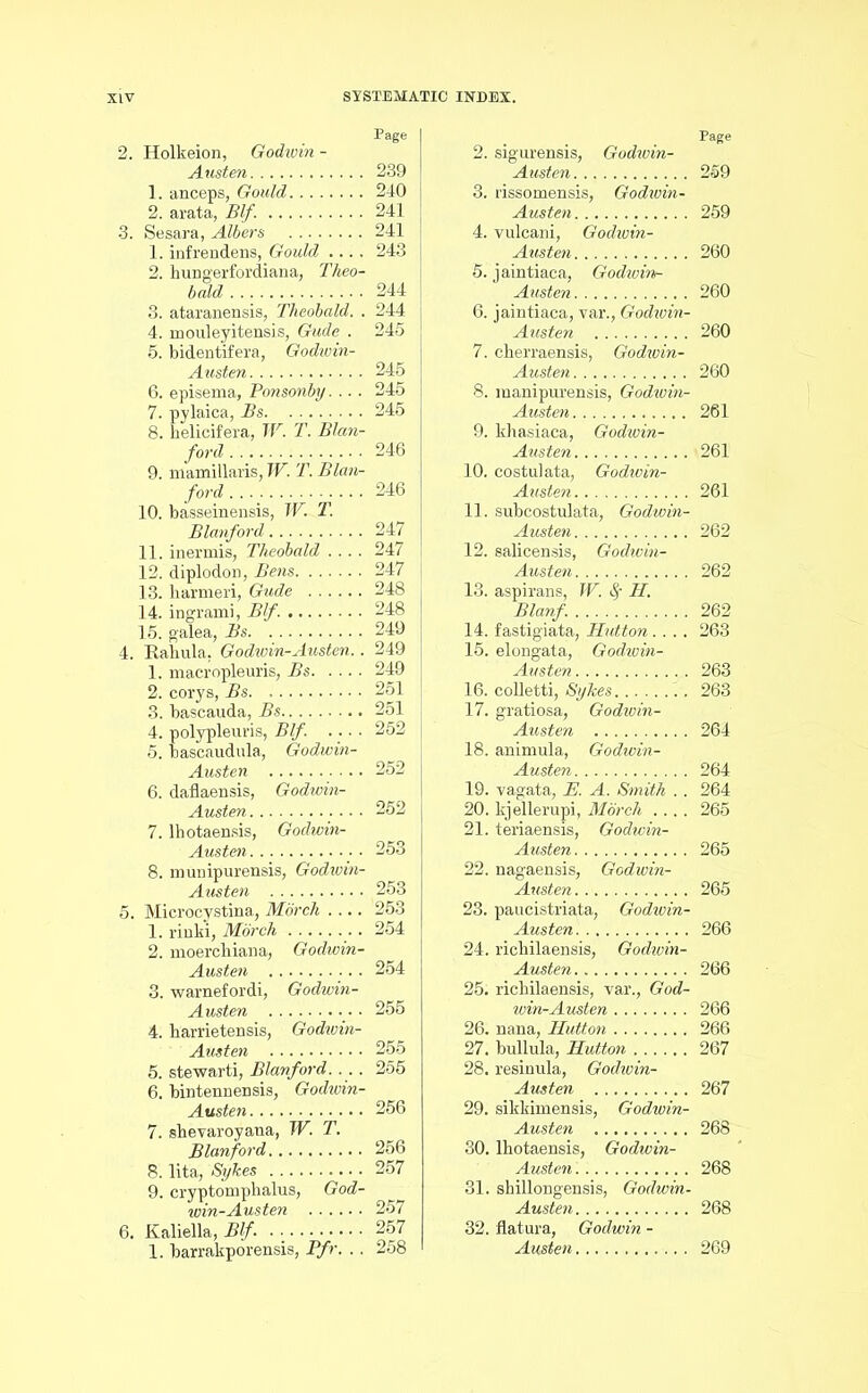 2. Holkeion, Godwin - Austen 1. anceps, Gould 2. arata, Blf. 3. Sesara, Albers 1. infrendens, Gould .... 2. bungerfordiana, Theo- bald 3. ataranensis, Theobald. . 4. mouleyitensis, Glide . 5. bidentifera, Godwin- Austen 6. episema, Ponsonby. ... 7. pylaica, Bs 8. belicifera, TV. T. Blan- 9. mamillaris, TV. T. Blan- 10. basseinensis, W. T. Blanford 11. inermis, Theobald .... 12. diplodon, Bens 13. harmeri, Glide 14. ingrami, Blf. 15. galea, Bs 4. Rabula. Godwin-Austen.. 1. macropleuris, Bs 2. corys, Bs. 3. bascauda, Bs 4. polypleuris, Blf. .... 5. bascaudula, Godwin- Austen 6. daflaensis, Godwin- Austen 7. lhotaensis, Godwin- Austen 8. munipurensis, Godwin- Austen 5. Microcystina, Morch .... 1. rinki, Morch 2. moerchiana, Godwin- Austen 3. warnefordi, Godwin- Austen 4. barrietensis, Godwin- Austen 5. stewarti, Blanford.... 6. bintennensis, Godwin- Austen 7. sbevaroyana, W. T. Blanford 8. lita, Sykes 9. cryptomphalus, God- win-Austen 6. Kaliella, Blf. .. 1. barrakporensis, Pfr. .. 2. sigurensis, Godwin- Austen 259 3. rissomensis, Godwin- Austen 259 4. vulcani, Godwin- Austen 260 5. jaintiaca, Godwin- Austen 260 6. jaintiaca, var., Godwin- Austen 260 7. cherraensis, Godioin- Austen 260 8. manipurensis, Godwin- Austen 261 9. khasiaca, Godwin- Austen 261 10. costuiata, Godwin- Austen 261 11. subcostulata, Godwin- Austen 262 12. salicensis, Godwin- Austen 262 13. aspirans, TV. fy H. Blanf. 262 14. fastigiata, Hutton .... 263 15. elongata, Godwin- Austen 263 16. colletti, Sykes 263 17. gratiosa, Godwin- Austen 264 18. animula, Godwin- Austen 264 19. vagata, E. A. Smith .. 264 20. kjellerupi, Morch .... 265 21. teriaensis, Godwin- Austen 265 22. nagaensis, Godwin- Austen 265 23. paucistriata, Godwin- Austen 266 24. ricbilaensis, Godwin- Austen 266 25. ricbilaensis, var., God- win-Austen 266 26. nana, Hutton 266 27. bullula, Hutton 267 28. resinula, Godwin- Austen 267 29. sikkimensis, Godwin- Austen 268 30. lbotaensis, Godwin- Austen. 268 31. sbillongensis, Godwin- Austen 268 32. flatura, Godwin - Austen 269 Page 239 240 241 241 243 244 244 245 245 245 245 246 246 247 247 247 248 248 249 249 249 251 251 252 252 252 253 253 253 254 254 255 255 255 256 256 257 257 257 258