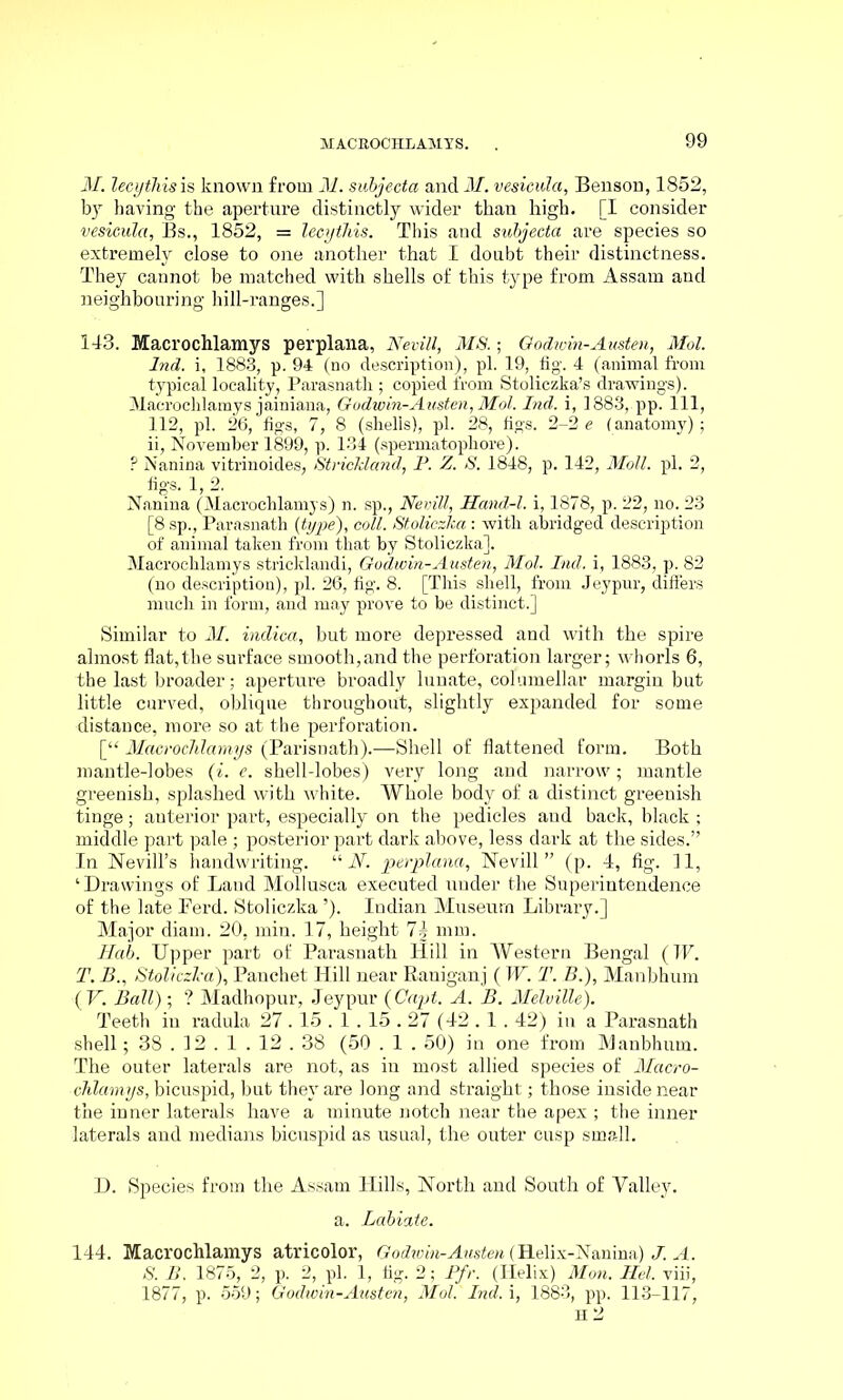 M. lecythis is known from M. subjecta and M. vesiculci, Benson, 1852, b)7 having the aperture distinctly wider than high. [I consider vesiculci, Bs., 1852, = lecythis. This and subjecta are species so extremely close to one another that I doubt their distinctness. They cannot be matched with shells of this type from Assam and neighbouring hill-ranges.] 143. Macrochlamys perplana, Nevill, MS.; Godioin-Austen, Mol. lnd. i, 1883, p. 94 (no description), pi. 19, fig. 4 (animal from typical locality, Parasnatli; copied from Stoliczka’s drawings). Macrochlamys jainiana, Godwin-Austen, Mol. Ind. i, 1883, pp. Ill, 112, pi. 26, figs, 7, 8 (shells), pi. 28, figs. 2-2 e (anatomy); ii, November 1899, p. 134 (spermatophore). ? Nanina vitrinoides, Strickland, P. Z. S. 1848, p. 142, Moll. pi. 2, figs. 1, 2. Nanina (Macrochlamys) n. sp., Nevill, Hand-l. i, 1878, p. 22, no. 23 [8 sp., Parasnath {type), coll. Stoliczka: with abridged description of animal taken from that by Stoliczka], Macrochlamys stricklandi, Godwin-Austen, Mol. Incl. i, 1883, p. 82 (no description), pi. 26, fig. 8. [This shell, from Jeypur, differs much in form, and may prove to be distinct.] Similar to M. indica, but more depressed and with the spire almost flat,the surface smooth,and the perforation larger; whorls 6, the last broader; aperture broadly lunate, columellar margin but little curved, oblique throughout, slightly expanded for some distance, more so at the perforation. [“ Macrochlamys (Parisnath).—Shell of flattened form. Both mantle-lobes (i. e. shell-lobes) very long and narrow; mantle greenish, splashed with white. Whole body of a distinct greenish tinge; auterior part, especially on the pedicles and back, black ; middle part pale ; posterior part dark above, less dark at the sides.” In Nevill’s handwriting. “I. perplana, Nevill” (p. 4, fig. 11, ‘Drawings of Land Mollusca executed under the Superintendence of the late Perd. Stoliczka ’). Indian Museum Library.] Major diam. 20, min. 17, height mm. Hah. Upper part of Parasnath Hill in Western Bengal (IF. T. B., Stoliczka), Panchet Hill near Raniganj ( W. T. B.), Manbhum ( V. Ball) ; ? Madhopur, Jeypur (Capt. A. B. Melville). Teeth in radula 27.15.1.15.27 (42.1.42) in a Parasnath shell; 38.12.1 . 12.38 (50 . 1 . 50) in one from Manbhum. The outer laterals are not, as in most allied species of Macro- chlamys, bicuspid, but they are long and straight; those inside near the inner laterals have a minute notch near the apex ; the inner laterals and medians bicuspid as usual, the outer cusp small. D. Species from the Assam Hills, North and South of Yalley. a. Labiate. 144. Macrochlamys atricolor, Godwin-Austen (Helix-Nanina) J. A. S. B. 1875, 2, p. 2, pi. 1, fig. 2; Pfr. (Helix) Mon. Hel. viii,