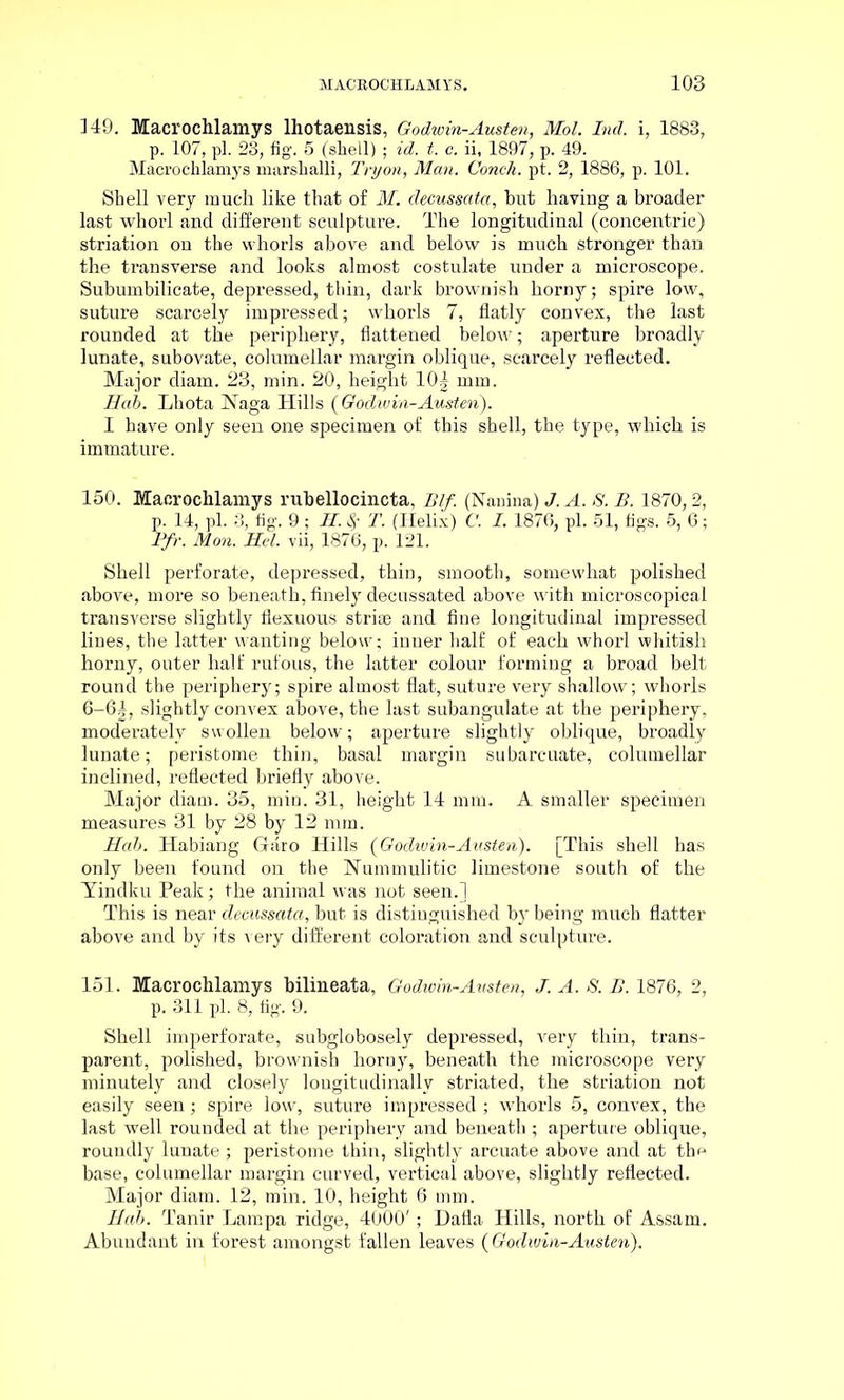 149. Macrochlamys lhotaensis, Godwin-Austen, Mol. Ind. i, 1883, p. 107, pi. 23, fig. 5 (shell) ; id. t. c. ii, 1897, p. 49. Macrochlamys marshalli, Tryon, Man. Concli. pt. 2, 1886, p. 101. Shell very much like that of M. clecusscita, but having a broader last whorl and different sculpture. The longitudinal (concentric) striation on the whorls above and below is much stronger than the transverse and looks almost eostulate under a microscope. Subumbilicate, depressed, thin, dark brownish horny; spire low, suture scarcely impressed; whorls 7, flatly convex, the last rounded at the periphery, flattened below; aperture broadly lunate, subovate, columellar margin oblique, scarcely reflected. Major diam. 23, min. 20, height 10| mm. Hah. Lhota JNTaga Hills (Godwin-Austen). I have only seen one specimen of this shell, the type, which is immature. 150. Macrochlamys rubellocincta, Blf (Nanina) J. A. S. B. 1870,2, p. 14, pi. 3, fig. 9 ; H. $ T. (Helix) C. I. 1876, pi. 51, figs. 5, 6; Pfr. Mon. Hel. vii, 1876, p. 121. Shell perforate, depressed, thin, smooth, somewhat polished above, more so beneath, finely decussated above with microscopical transverse slightly flexuous striae and fine longitudinal impressed lines, the latter wanting below; inner half of each whorl whitish horny, outer half rufous, the latter colour forming a broad belt round the periphery; spire almost flat, suture very shallow; whorls 6-6|, slightly convex above, the last subangulate at the periphery, modei’ately swollen below; aperture slightly oblique, broadly lunate; peristome thin, basal margin subarcuate, columellar inclined, reflected briefly above. Major diam. 35, min. 31, height 14 mm. A smaller specimen measures 31 by 28 by 12 mm. Hah. Habiang Garo Hills (Godivin-Austen). [This shell has only been found on the Nummulitic limestone south of the Yindku Peak; the animal was not seen.] This is near decussata, but is distinguished by being much flatter above and by its very different coloration and sculpture. 151. Macrochlamys bilineata, Godwin-Austen, J. A. S. B. 1876, 2, p. 311 pi. 8, fig. 9. Shell imperforate, subglobosely depressed, very thin, trans- parent, polished, brownish horny, beneath the microscope very minutely and closely longitudinally striated, the striation not easily seen; spire low, suture impressed ; whorls 5, convex, the last well rounded at the periphery and beneath ; aperture oblique, roundly lunate ; peristome thin, slightly arcuate above and at the base, columellar margin curved, vertical above, slightly reflected. Major diam. 12, min. 10, height 6 mm. Hah. Tanir Lampa ridge, 4000' ; Dafla Hills, north of Assam. Abundant in forest amongst fallen leaves (Godwin-Austen).