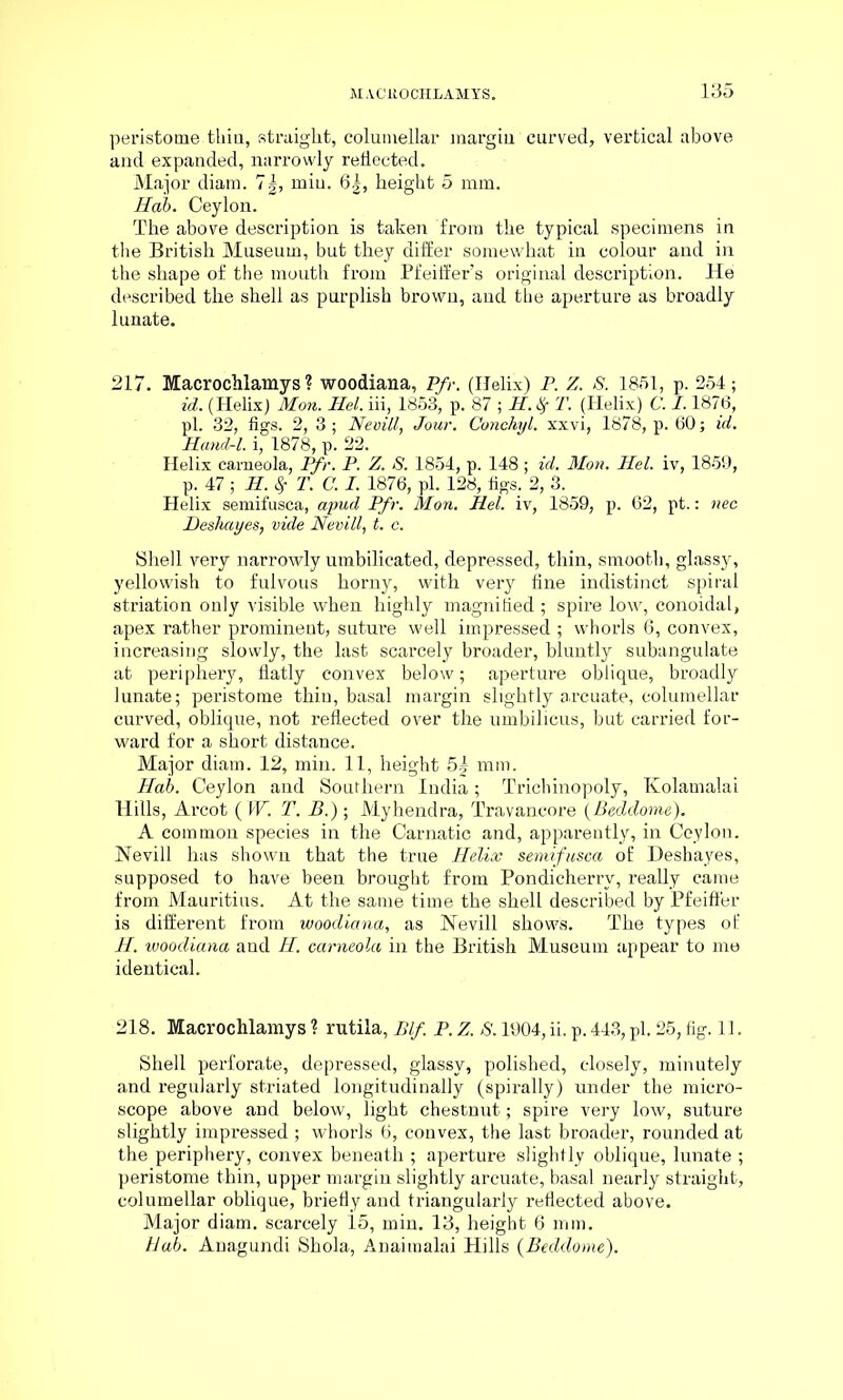 peristome thin, straight, columellar margin curved, vertical above and expanded, narrowly reflected. Major diam. 7|, min. 6g, height 5 mm. Hah. Ceylon. The above description is taken from the typical specimens in the British Museum, but they differ somewhat in colour and in the shape of the mouth from Pfeiffer’s original description. He described the shell as purplish brown, and the aperture as broadly lunate. 217. Macrochlamys ? woodiana, Pfr. (Helix) P. Z. S. 1851, p. 254; id. (Helix) Mon. Hel. iii, 1853, p. 87 ; H. $ T. (Helix) C. 1.1876, pi. 32, figs. 2, 3 ; Nevill, Jour. Conchyl. xxvi, 1878, p. 60; id. Hand-1, i, 1878, p. 22. Helix carneola, Pfr. P. Z. S. 1854, p. 148; id. Mon. Hel. iv, 1859, p. 47 ; H. Sf T. C. I. 1876, pi. 128, figs. 2, 3. Helix semifusca, apud Pfr. Mon. Hel. iv, 1859, p. 62, pt.: nec Deshayes, vide Nevill, t. c. Shell very narrowly umbilicated, depressed, thin, smooth, glassy, yellowish to fulvous horny, with very fine indistinct spiral striation only visible when highly magnified ; spire low, conoidal, apex rather prominent, suture well impressed ; whorls 6, convex, increasing slowly, the last scarcely broader, bluntly subangulate at periphery, flatly convex below; aperture oblique, broadly lunate; peristome thin, basal margin slightly arcuate, columellar curved, oblique, not reflected over the umbilicus, but carried for- ward for a short distance. Major diam. 12, min. 11, height 5| mm. Hah. Ceylon and Southern India; Trichinopoly, Kolamalai Hills, Arcot (W. T. B.); Myhendra, Travancore (Bedclome). A common species in the Carnatic and, apparently, in Ceylon. Nevill has shown that the true Helix semifusca of Deshayes, supposed to have been brought from Pondicherry, really came from Mauritius. At the same time the shell described by Pfeiffer is different from woodiana, as Nevill shows. The types of H. woodiana and H. carneola in the British Museum appear to me identical. 218. Macrochlamys ? rutila, Blf P. Z. S. 1904, ii. p. 443, pi. 25, fig. 11. Shell perforate, depressed, glassy, polished, closely, minutely and regularly striated longitudinally (spirally) under the micro- scope above and below, light chestnut; spire very low, suture slightly impressed; whorls 6, convex, the last broader, rounded at the periphery, convex beneath ; aperture slightly oblique, lunate ; peristome thin, upper margin slightly arcuate, basal nearly straight, columellar oblique, briefly and triangularly reflected above. Major diam. scarcely 15, min. 13, height 6 mm. Hal. Anagundi Shola, Anaimalai Hills (Beddome).