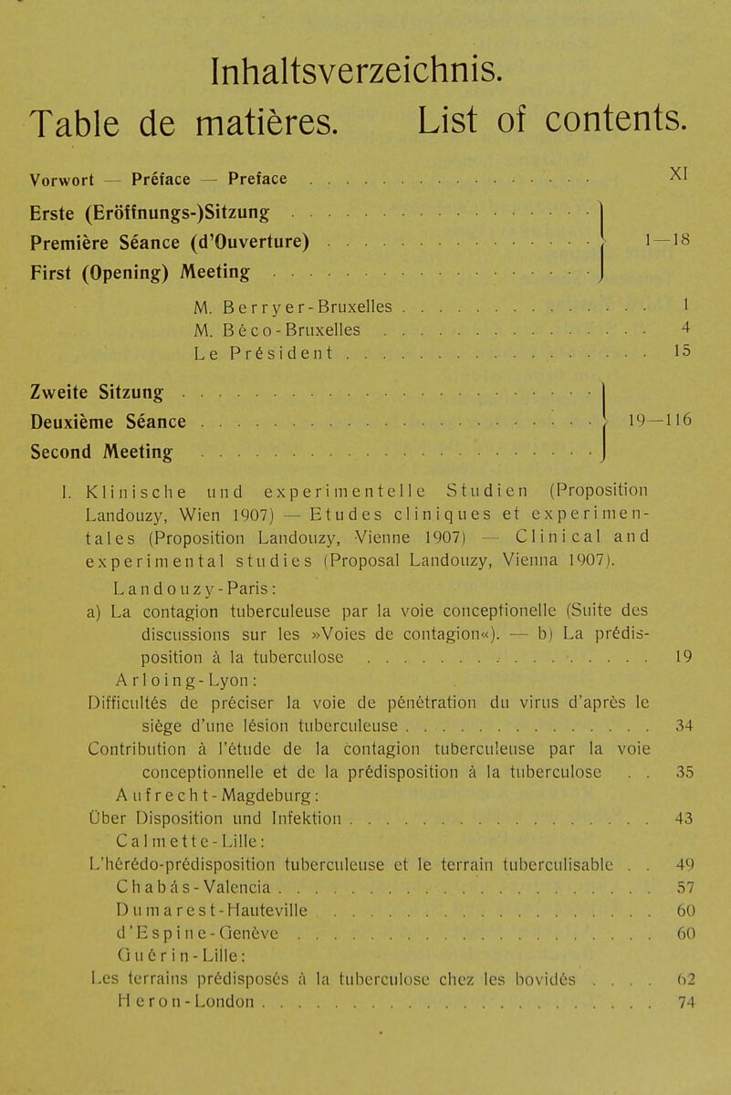 Inhaltsverzeichnis. Table de matières. List of contents. Vorwort — Préface — Preface Ä1 Erste (Eröffnungs-)Sitzung \ Première Séance (d'Ouverture) 1—18 First (Opening) Meeting J M. B e r r y e r-Bruxelles 1 M. Bé co-Bruxelles 4 Le Président 15 Zweite Sitzung | Deuxième Séance \ 19—116 Second Meeting J I. Klinische und experimentelle Studien (Proposition Landouzy, Wien 1907) — Etudes cliniques et expérimen- tales (Proposition Landouzy, Vienne 1907) Clinical and experimental studies (Proposal Landouzy, Vienna 1907). Landouzy- Paris : a) La contagion tuberculeuse par la voie conceptionelle (Suite des discussions sur les »Voies de contagion«). — b) La prédis- position à la tuberculose 19 A r 1 o i n g - Lyon : Difficultés de préciser la voie de pénétration du virus d'après le siège d'une lésion tuberculeuse 34 Contribution à l'étude de la contagion tuberculeuse par la voie conceptionnelle et de la prédisposition à la tuberculose . . 35 Aufrecht- Magdeburg : Über Disposition und Infektion 43 Cal mette-Lille: l.'hérédo-prédisposition tuberculeuse et le terrain tubcrculisable . . 4l> C h a b a s - Valencia 57 D u m a r e s t-Hauteville 60 d ' E s p i n e - Genève 60 ( i u é r i n - Lille : Les terrains prédisposés à la tuberculose chez les bovidés .... d2 Heron- London 74