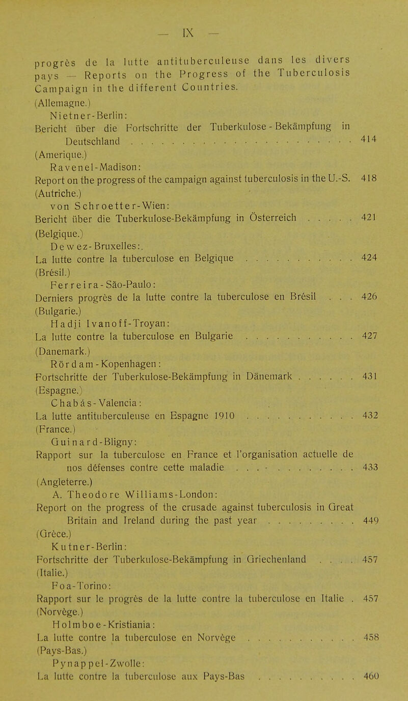 progrès de la lutte antituberculeuse dans les divers pays Reports on the Progress of the Tuberculosis Campaign in the different Countries. (Allemagne.) Nietner-Berlin: Bericht über die Fortschritte der Tuberkulose - Bekämpfung in Deutschland 414 (Amérique.) Ravenel-Madison: Report on the progress of the campaign against tuberculosis in the U.-S. 418 (Autriche.) von Schroetter-Wien: Bericht über die Tuberkulose-Bekämpfung in Österreich 421 (Belgique.) Dew ez- Bruxelles:. La lutte contre la tuberculose en Belgique 424 (Brésil.) Ferreira- Säo-Paulo : Derniers progrès de la lutte contre la tuberculose en Brésil . . . 426 (Bulgarie.) Hadji Ivanoff-Troyan: La lutte contre la tuberculose en Bulgarie 427 (Danemark.) R ö r d a m - Kopenhagen : Fortschritte der Tuberkulose-Bekämpfung in Dänemark 431 (Espagne.) Chab äs-Valencia: La lutte antituberculeuse en Espagne 1910 432 (France.) Gui nard-Bligny: Rapport sur la tuberculose en France et l'organisation actuelle de nos défenses contre cette maladie . . . • 433 (Angleterre.) A. Theodore Williams-London: Report on the progress of the crusade against tuberculosis in Great Britain and Ireland during the past year 449 (Grèce.) Kutner-Berlin: Fortschritte der Tuberkulose-Bekämpfung in Griechenland .... 157 (Italie.) Foa-Torino: Rapport sur le progrès de la lutte contre la tuberculose en Italie . 457 (Norvège.) H o 1 m b o e - Kristiania : La lutte contre la tuberculose en Norvège 458 (Pays-Bas.) Pynap pel-Zwolle: La lutte contre la tuberculose aux Pays-Bas 460