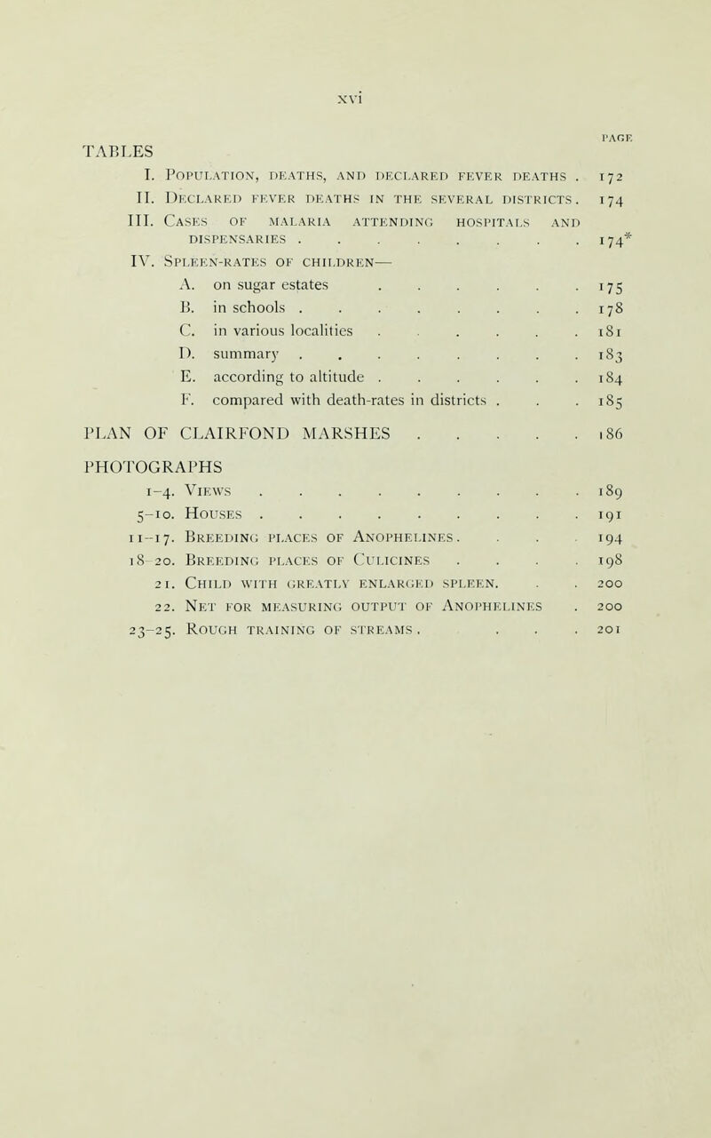 PAGE TABLES I. Population, dkaths, and declared fever deaths . 172 II. Declared fever deaths in the several districts. 174 III. Cases of malaria attending hospitals and dispensaries ........ 174* IV. Spleen-rates of children— A. on sugar estates . . . . . -175 B. in schools . . . . . . . .178 C. in various localities . . . . .181 D. summar}' . . . . . . . .183 E. according to altitude . . . . . .184 F. compared with death-rates in districts . . -185 PLAN OF CLAIRFOND MARSHES 186 PHOTOGRAPHS 1-4. Views 189 5-10. Houses . . . . . . . . .191 11-17. Breedinc; places of Anophelines. . . 194 18-20. Breeding places of Culicines . . . .198 21. Child with greatly enl.arged spleen. . 200 22. Net for measuring output of Anophelines . 200 23-25. Rough training of streams .... 201