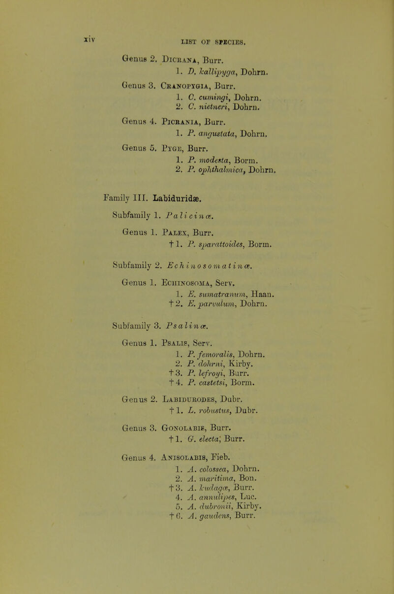 Genus 2. Dicrana, Burr. 1. D. hallipyga, Dohrn. Genus 3. Cea.noptgia, Burr. 1. C, cumim/i, Dohrn. 2. C. 7iietneri, Dohrn. Genus 4. Pioeania, Burr. 1. P. angustata, Dohrn. Genus 5. Pyge, Burr. 1. P. modexta, Borm. 2. P. ophthalmicciy Dohrn. Family III, Labiduridae. Subfamily 1. Pali cince. Genus 1. Palex, Burr. 11. P. sjjarattoides, Borm. Subfamily 2. Ech 1710 soma tin at. Genus 1. Echinosoma, Serv. 1. E. sumatranum, Haan. 12. E. parvuium, Dohrn. Subfamily 3. P sal in a:. Genus 1. Psalis, Serv. 1. P. femoral is, Dohrn. 2. P, dohrni, Kirby. t3. P. lefroyi. Burr. t4. P. castetsi, Borm. Genus 2. Labidubodes, Dubr. 11. L. rohustus, Dubr. Genus 3. Gonolabib, Burr. 11. 0. electa', Burr. Genus 4, Anisolabis, Pieb. 1. A. colossea, Dohrn. 2. A. maritima, Bon. 13. A. Jaulagce, Burr. 4. A. annulipes, Luc. 5. A. dubronii, Kirby. 16. A. gaudens, Burr.