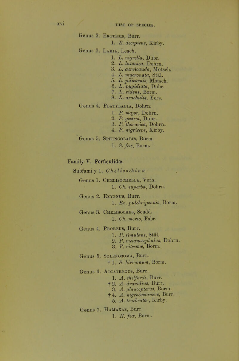 LIST OP SPECIES, Genua 2. Erotesib, Burr. 1. E. decipiens, Kirby. Genus 3. Labia, Leach. 1. L. nifjrella, Dubr. 2. L. luzonica, Dohrn. 3. L. curvicuucia, Motscli. 4. L. mucronata, Stll. 5. L. pilicornis, Motsch. 6. L. pygidiata, Dubr. 7. L. ridens, Bonn. 8. L. arachidis, Yers. Genus 4. Platylabia, Dolirn. 1. P. major, Dohrn. 2. P. gestroi, Dubr. 3. P. thoracica, Dohrn. 4. P. nigriceps, Kirby. Genus 5. Sphingolabis, Borm. 1. S.fece, Borm. Family V. Forficulidse. Subfamily 1. Chelisochince. Genus 1. Chelisochblla, Verb. 1. Ch. superha, Dohrn. Genus 2. Exypnus, Burr. 1. Ex. pxdchripennis, Borm. Genus 3. Chelisoches, Scudd. 1. Ch. morio, Fabr. Genus 4. Probeus, Burr. 1. P. simulans, Stal. 2. P. melanocephalus, Dohrn. 3. P. ritsemce, Borm. Genus 5. Solenosoma, Burr. 11. S. hirmanum, Borm. Genus 6. Adiathetus, Burr. ]. A. shelfordl, Burr, t 2. A. drcividius, Burr, 3, A. glcmcopterus, Borm, t4. A. nigrocastanens, Burr. 5. A. tentbrator, Ivirby. Genus 7. Hamaxas, Burr. 1. //. fece, Borm.
