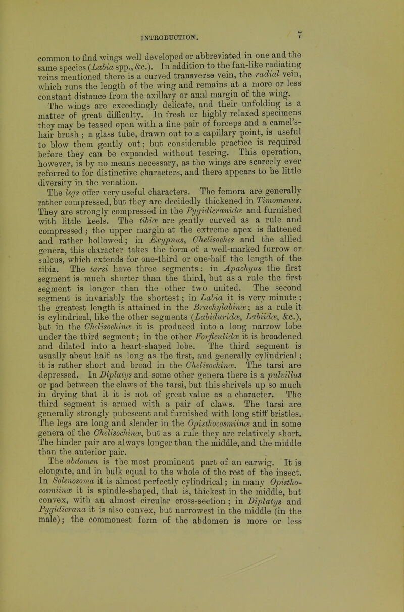 <;ommon to find wings well developed or abbreviated in one and the same species {Labia spp., &c.). In addition to the fan-like radiating veins mentioned there is a curved transverse vein, the rachal vein, which runs the length of the wing and remains at a more or less constant distance from the axillary or anal margin of the wing. The wings are exceedingly delicate, and their unfolding is a matter of great difficulty. In fresh or highly relaxed specimens they may be teased open with a fine pair of forceps and a camel's- hair brush; a glass tube, drawn out to a capillary point, is useful to blow them gently out; but considerable practice is required before they can be expanded without tearing. This operation, however, is by no means necessary, as the wings are scarcely ever referred to for distinctive characters, and there appears to be little diversity in the venation. The legs offer very useful characters. The femora are generally rather compressed, but they are decidedly thickened in Timomenus. They are strongly compressed in the Pygidicraniclce and furnished with little keels. The tihice are gently curved as a rule and compressed; the upper margin at the extreme apex is fl.attened and rather hollowed; in Kvi/pnus, Chelisoches and the allied genera, this character takes the form of a well-marked furrow or snlcus, which extends for one-third or one-half the length of the tibia. The tarsi have three segments: in Apachyvs the first segment is much shorter than the third, but as a rule the first segment is longer than the other two united. The second segment is invariably the shortest; in Labia it is very minute ; the greatest length is attained in the Bracliylahince; as a rule it is cylindrical, like the other segments {Labiduricla;, Labiiclce, &c.), but in the Chelisochince it is produced into a long narrow lobe under the third segment; in the other Forficulidce it is broadened and dilated into a heart-shaped lobe. The third segment is usually about half as long as the first, and generally cylindrical; it is rather short and broad in the Chelisochince. The tarsi are depressed. In Diplatys and some other genera there is a pulvillus or pad between the claws of the tarsi, but this shrivels up so much in drying that it it is not of great value as a character. The third segment is armed with a pair of claws. The tarsi are generally strongly pubescent and furnished with long stiff bristles. The legs are long and slender in the Opisthocosmiince and in some genera of the Chelisochinoi, but as a rule they are relatively short. The hinder pair are always longer than the middle, and the middle than the anterior pair. The abdomen is the most prominent part of an earwig. It is elongate, and in bulk equal to the whole of the rest of the insect. In Solenosoma it is almost perfectly cylindrical; in many Opistho- cosmiinm it is spindle-shaped, that is, thickest in the middle, but convex, with an almost circular cross-section ; in Diplatys and Pygidicrana it is also convex, but narrowest in the middle (in the male); the commonest form of the abdomen is more or less