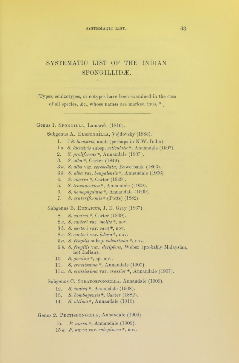 SYSTEMATIC LIST OF THE INDIAN SPONGrILLIDiE. [Types, schizotypes, or cotypes have beea examined in the case of all species, &c., whose names are marked thus, *.] Genus 1. Spongilla, Lamarck (1816). Subgenus A. Euspoxgilla, Vejdovsky (1883). 1. ? S. lacustris, auct. (perhaps in N.W. Iudia). 1 a. S. lacustris subsp. reticulata *, Annandale (1007). 2. S. prolifevens*, Annandale (1907). 3. S. alba*, Carter (1849). 3 a. S. alba var. cerebellata, Bowerbank (1863). 3 b. S. alba var. bengalensis*, Annandale (1906). 4. S. cinerea *, Carter (1849). 5. S. travancorica*, Annandale (1909). 6. S. hemephydatia *, Annandale (1909). 7. S. crateriformis* (Potts) (1882). Subgenus B. Eunapitts, J. E. Gray (1867). 8. S. carteri*, Carter (1849). 8 a. S. carteri var. mollis *, nov. 8 b. S. carteri var. cava*, nov. 8 c. S. carteri var. lobosa *, nov. 9«. S.frayilis subsp. calcuttanu *, nov. 9 b. S. frayilis var. decipiens, Weber (probably Malaysian, not Indian). 10. S. rjemina *, sp. nov. 11. S. crassissima *, Annandale (1907). 11a. S. crassissima var. crassior*, Annandale (1907). Subgenus C. Stratospongilla, Annandale (1909). 12. S. indica*, Annandale (1908). 13. S. bombayensis*, Carter (1882). 14. S. ultima*, Annandale (1910). Genus 2. Pectispongilla, Annandale (1909). 15. P. aurea*, Annandale (1909). 15 a. P. aurea var. subspinosa *, nov.