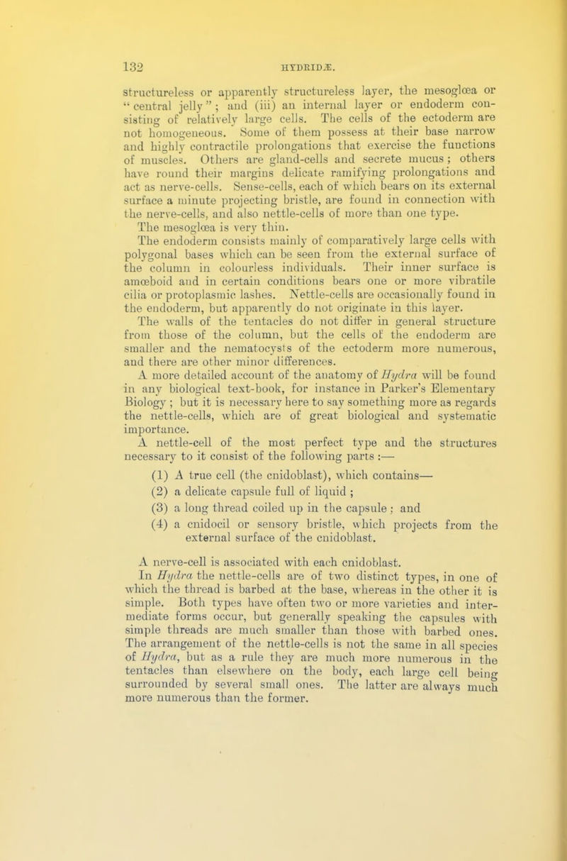 structureless or apparently structureless layer, the mesogloea or “ central jelly ” ; and (hi) an internal layer or endoderm con- sisting of relatively large cells. The cells of the ectoderm are not homogeneous. Some of them possess at their base narrow and highly contractile prolongations that exercise the functions of muscles. Others are gland-cells and secrete mucus ; others have round their margins delicate ramifying prolongations and act as nerve-cells. Sense-cells, each of which bears on its external surface a minute projecting bristle, are found in connection with the nerve-cells, and also nettle-cells of more than one type. The mesogloea is very thin. The endoderm consists mainly of comparatively large cells with polygonal bases which can be seen from the external surface of the column in colourless individuals. Their inner surface is amoeboid and in certain conditions bears one or more vibratile cilia or protoplasmic lashes. Nettle-cells are occasionally found in the endoderm, but apparently do not originate in this layer. The walls of the tentacles do not differ in general structure from those of the column, but the cells of the endoderm are smaller and the nematocysts of the ectoderm more numerous, and there are other minor differences. A more detailed account of the anatomy of Hydra will be found in any biological text-book, for instance in Parker’s Elementary Biology ; but it is necessary here to say something more as regards the nettle-cells, which are of great biological and systematic importance. A nettle-cell of the most perfect type and the structures necessary to it consist of the following parts :— (1) A true cell (the cnidoblast), which contains— (2) a delicate capsule full of liquid ; (3) a long thread coiled up in the capsule ; and (4) a cnidocil or sensory bristle, which projects from the external surface of the cnidoblast. A nerve-cell is associated with each cnidoblast. In Hydra the nettle-cells are of two distinct types, in one of which the thread is barbed at the base, whereas in the other it is simple. Both types have often two or more varieties and inter- mediate forms occur, but generally speaking the capsules with simple threads are much smaller than those with barbed ones. The arrangement of the nettle-cells is not the same in all species of Hydra, but as a rule they are much more numerous in the tentacles than elsewhere on the body, each large cell being surrounded by several small ones. The latter are always much more numerous than the former.