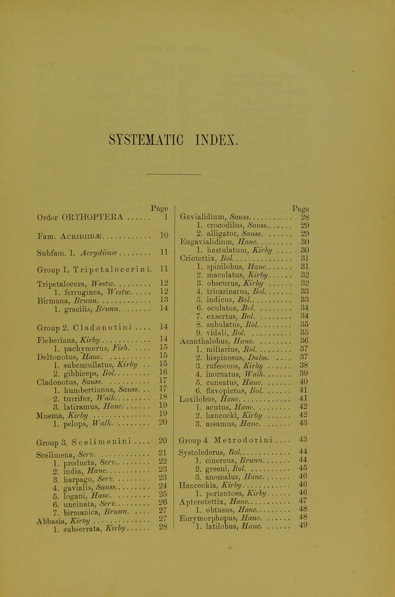 SYSTEMATIC INDEX. Page Order ORTHOPTERA 1 Fam. ACRiDiiD^ 10 Subfam. 1. Acrydiince 11 Group 1. Tripetal ocerin i. 11 Tripetalocera, Westw 12 1. ferruginea, Westio 12 Birmana, Brunn 13 1. gracilis, Brunn 14 Group 2. Cladonotini 14 Fieberiana, Kirb)/ 14 1. pachymerus, Fieb 15 Deltonotus, Hanc 15 1. subcucuUatus, Kirbi/ . . 15 2. gibbiceps, Bol 16 Cladonotus, Sauss 17 1. liumbertianus, Sauss. . . 17 2. tun-ifer, Walk 18 3. latiranius, Hanc 19 Mnema, Kirby 19 1. pelops, Walk 20 Group 3. S c e 11 ni e n i u i 20 Scelimena, Sew 21 1. producta, Serv 22 2. india, Hanc 23 3. barpago, Serv 23 4. gavialis, Sauss 24 5. logani, Hanc 25 6. uncinala, Serv 26 7. birmanica, Brunn 27 Abbasia, Kirby 27 1. subserrata, Kvby 28 Page Gavialidium, Sauss 28 1. crocodilus, Sauss 29 2. alligator, Sauss 29 Eiigavialidium, Hanc 30 1. hastulatuiu, Kirby .... 30 Criotettix, Bol 31 1. spinilobus, Hanc 31 2. maculatus, Kirby 32 3. obscurus, Kirby 32 4. tricarinatus, Bol 33 5. indicus, Bol 33 6. oculatus, Bol 34 7. exsertus, Bol 34 8. subulatus, Bol 35 9. vidali, Bol 35 Acanthalobus, Hanc 36 1. miliarius, Bol 37 2. bispinosus, Balm 37 3. rufesceiis, Kirby 38 4. inornatus, Walk 39 6. cuneatus, Hanc 40 6. flavopictus, Bol 41 Loxilobus, Hanc 41 1. acutus, Hanc 42 2. liancocki, Kirby 42 3. assamus, Hanc 43 Group 4, Metr0 d0 r i 11 i .... 43 Systolederus, Bol 44 1. cinereus, Brunn 44 2. greeni, Bol 45 3. auouialus, Hanc 46 Hancocliia, Kirby 46 1. porLeiitosa, Kirby 46 Apterotettix, Hanc 47 1. obtusus, Ha»c 48 Eiirymorphopus, Hanc 48 1. latilobus, Hanc 49