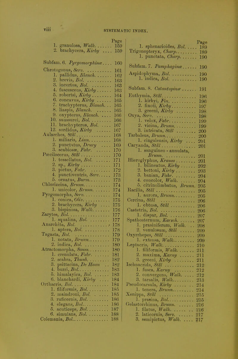 SYSTEMATIC INDEX. Page 1. granulosa, JValk 169 2. brachycera, Kirbij 159 Subfam.6. Pyrgomorphince 160 Chrotogouus, Serv 161 1. pallidus, Blanch 162 2. brevis, Bol 163 3. incertus, Bol 168 4. fuscesceus, Kirhy 163 5. robertsi, Z^<Vi!/ ]64 6. concavus, Kirhy 165 7. trachypterus, Blanch. . . 165 8. liaspis, Blanch ] 65 9. oxypteius, Blanch 166 10. saussiirei, Bol. 166 11. brachyptenis, Bol 167 12. .sordidus, Kirby 167 Aularches, St8,l 168 1. miliaris, Linn 168 2. puDctatus, Drury .... 169 3. acabiosse, Fahr 170 Pceciloceriis, StS,l 170 1. tessellatus, Bol 171 2. sp., Kirby 171 3. pictus, Fubr 172 4. punctiventria, Serv 173 5. oniatu.s, Burm 173 Cblorizeina, Bru7m 174 ]. iinicolor, Brumi 174 Pyrgomorpba, Serv 174 1. oonica, Oliv 176 2. bracbycera, Kirby .... 175 3. bispinosa, Walk 176 Zarytea, Bol 177 1. squalina, Bol 177 Anarcbita, Bol .• 178 1. aptera, Bol 178 Tagasta, Bol 179 1. notata, Brunn 179 2. indica, Bol. 180 Atractomorpba, Sams 180 1. cremilata, Fahr 181 2. scabra, Thunh 182 3. psittaciua, I)e Haan . . 182 4. hmv'i, Bol 183 5. himalayica; Bol 183 6. blancbardi, Kirhy .... 184 Ortbacris, Bol. . .'. 184 1. filiformis, Bol 186 2. uiaindroni, Bol 185 3. ruficornis, Bol 186 4. elegans, Bol ] 86 5. acuticeps, Bol ] 87 6. aimulans, Bol 188 Colemania, 188 Page 1. sphenarioides, Bol 189 Trigonopteryx, Charp ]89 1. punctata, CAarp 190 Subfam. 7. Pamphaginee 190 Aspidojjhyma, ^oZ ]90 1. indica, Bol 190 Subfam. 8. Catantopin<e 191 Eutbymia, StSX igfi 1. Idrbyi, Fin 196 2. finoti, Kirhy 197 3. greeni, Kirhy ] 98 Oxya, Serv * igg 1. velox, Fahr ] 99 2. vicina, Brunn ]99 3. intricata, StSX 200 Tarbaleus, Brunn 200 1. cingalensis, Kirhy .... 201 Caryanda, Stal 201 1. sanguineo - aunulata, Brunn 201 Hieroglypbua, Krauss 201 1. bilineatus, ZzVS?/ 202 2. bettoni, Kirby '. 203 3. banian, Fahr 204 4. concolor, Walk 204 5. citrinolimbatus, Brunn. 205 Kacilia, Stdl 205 1. aurora, Brunn 206 Cercina, Stal 206 1. cbtusa, Stcil 206 Castetria, Bol 206 1. dispar, Bol. 207 Spatbosternum, Karsch 207 1. prasiuiferuni, Walk. .. 208 2. venuloaum, Stdl 209 Oxyrrhepes, StSl 209 1. exteusa, Walk 209 Leptacris, Walk 210 1. filiformis, IValk 211 2. maxima, Karny 211 3. greeni, Kirhy 211 Iscbnacrida, Sidl 212 1. fusca, Karny 212 2. convergen.s, Walk 212 3. tarsalis, Walk 213 Pseudocar.sula, Kirhy 214 1. tenera, Brunn 214 Xenippa, Stdl 215 1. prasiua, Bol 215 Gelastorrhinus, Brunn 216 1. filatus, Walk 216 2. laticornis, Serv 217 3. semipictus, Walk 217