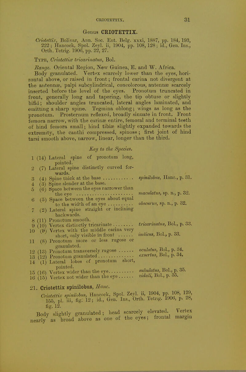 Genus CRIOTETTIX. Criotettix, Bolivar, Ann. Soc. Ent. Belg. xxxi, 1887, pp. 184, 193, 222 ; Hancock, Spol. Zevl. ii, 1904, pp. 108, 128; id.. Gen. Ins., Orth. Tetrig. 1900, pp. 22, 27. Type, Criotettix tricarinatus, Bol. Range. Oriental Region, New Guinea, E. and W. Africa. Body granulated. Vertex scarcely lower than the eyes, hori- zontal above, or raised in front; frontal carina not divergent at the atitennoe, palpi subcylindrical, concolorous, autennee scarcely inserted before the level of the eyes. Pronotum truncated in front, generally long and tapering, the tip obtuse or slightly bifid; shoulder angles truncated, lateral angles laminated, and emitting a sharp spine. Tegniina oblong; wings as long as the pronotum. Prosternum reflexed, broadly sinuate in front. Front femora narrow, with the carinse entire, femoral and terminal teeth of hind femora small; hind tibiae slightly expanded towards the extremity, the canthi compressed, spinose ; first joint of hind tarsi smooth above, nai-row, linear, longer than the third. Key to the Species. 1 (14) Lateral spine of pronotum long, pointed. 2 (7) Lateral spine distinctly curved for- wai'ds. ' 3 (4) Spine thick at the base . spinilobus, Ilanc, p. 31. 4 (3) Spine slender at the base. o (6) Space between the eyes narrower than the eye maculatus, sp. n., p. 32. 6 (5) Space between the eyes about equal to the width of an eye obscufus, sp. n., p. 32. 7 (2) Lateral spine straight or inclining backwards. 8 (11) Pronotum smooth. . • ^ t, i oo 9 (10) Vertex distinctly tricarinate tncarmatus, Hoi., p. 6^). 10 (9) Vertex with the middle carina very short, only visible in front indicus, Bol., p. 33. 11 (8) Pronotum more or less rugose or granulated. 12 (13) Pronotum transversely rugose oculatus, Bol, p. 34. 13 (12) Pronotum granulated exsejius, Bol., p. 34. 14 (1) Lateral lobes of pronotum short, 15 (16) Vertex wider than the eye subulattisJiol.,^. 35. 16 (15) Vertex not wider than the eye vulalt, Bol., p. 35. 21. Criotettix spinilobus. Banc. Criotettix spinilobus, Hancock, Spol. Zeyl. ii, 1904, pp 108, 129, 1.55, pi. iii, fig. 12; id., Gen. Ins., Orth. letrig. 190b, p. 28, fig.'l2. Body slightly granulated; head scarcely elevated. Vertex nearly as broad above as one of the eyes; frontal margin