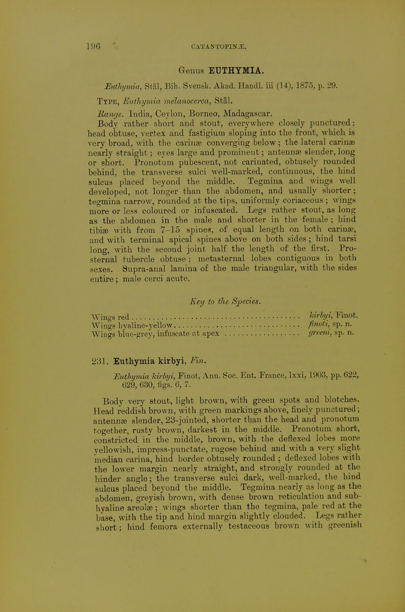 Genus EUTHYMIA. Euthijmia, Stftl, Bill. Svensls. Alcad. Ilandl. iii (14), 187/3, p. 29. Type, Eulhymia melanoeerca, StSl. Eange. India, Cevlon, Borneo, Madagascar. Body rather short and stout, everywhere closely punctured; head olatuse, vertex and fastigium sloping into the front, which is very broad, with the carinse converging below; the lateral carinae nearly straight; eyes large and prominent; antennae slender, long or short. Pronotum pubescent, not carinated, obtusely rounded behind, the transverse sulci well-marked, continuous, the hind sulcus placed beyond the middle. Tegmina and wings well developed, not longer than the abdomen, and usually shorter; tegmina narrow, rounded at the tips, uniformly coriaceous ; wings more or less coloured or infuscated. Legs rather stout, as long as the abdomen in the male and shorter in the female ; hind tibiae with from 7-15 spines, of equal length on both carinae, and with terminal apical spines above on both sides; hind tarsi long, with the second joint half the length of the first. Pro- sternal tubercle obtuse ; metasternal lobes contiguous in both sexes. Supra-anal lamina of the male triangular, with the sides entire; male cerci acute. Key to the Sjjecies. Wings red Wings hyaline-yellow Wings blue-grey, iufuscate at apex 231. Euthymia kirbyi. Fin. liirhyi, Tinot, finoti, sp. n. yreeni, sp. n. Euthymia kirbyi, Finot, Ann. See. Ent. France, Ixxi, 1903, pp. 622, 629, 630, ligs. 6, 7. Body very stout, light brown, with greeiv spots and blotches. Head reddish brown, with green markings above, finely punctured; antennae slender, 23-jointed, shorter than the head and pronotum together, rusty brown, darkest in the middle. Pronotum short, constricted in the middle, brown, with the deflexed lobes more yellowish, impress-punctate, rugose behind aud with a very slight median carina, hind border obtusely rounded ; deflexed lobes with the lower margin nearly straight, and strongly rounded at the hinder angle; the transverse sulci dark, well-marked, the hind sulcus placed beyond the middle. Tegmina nearly as long as the abdomen, greyish brown, with dense brown reticulation and sub- hyaline areolae; wings shorter than the tegmina, pale red at the base, with the tip and hind margin slightly clouded. Legs rather short; hind femora externally testaceous brown with greenish