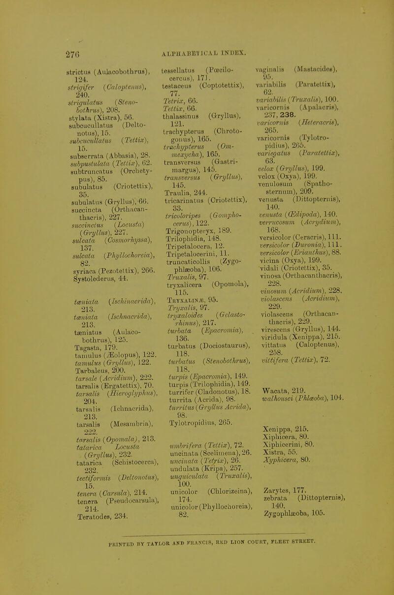 strictus (Aulacobothrus), 124. strigifer (Galopteims), 240. s/rigulatus (Sfenu- hoikrus), 208. stylata (Xistra), 56. siibcucuUatus (Delto- noUis), 15. suhcumllatus (Tettix), 15. subsemita (Abbasia), 28. subpustulata {Tcttix), 62. aubtruiiciitiis (Orchety- pus), 85. subulatus (Criotettix), 35. subulatus (Gi-yllus),-66. succincta (OrtUacan- thacris), 227. succmcius {Locusta) {Gryllus), 227. sulcata {Cosmorhyssa), 137. sulcata iPhyllochoreia), 82. gyriaca (Pezotettix), 266. Systolederus, 44. twniata (Ischinacrida), 213. t(Siiiata (Ischmci-ida), 213. tseniatus (Aulaco- bothrus), 125. Tagasta, 179. tauuilus (JSolopus), 122. tamulus (Grylbis), 122. Tarbaleus, 200. tarsale {Acridium), 222. tarsalis (Ergatettix), 70. tarsalis {Hicrogh/phus), 204. tarsalis (Ichnacrida), 213. tarsalis (Mesarabria), 222. ta.rsalis {Opomala), 213. tatarica Locusta (Gryllus), 232. tatarica (Scl)istocerca), 232. iectiformis {Beliouotus), 15. tencra {Carsula), 214. tenera (Pseudocarsula), 214. Teratodes, 234. tessellatus (Poeeilo- eercus), 171. testaceus (Ooptotettix), 77. Tetrix, 66. Tettix, 66. thalassinus (Gryllus), 121. trachypterus (Ohroto- goims), 165. trcwliyptems (Om- mexycJia), 165. transversus (Gastri- margus), 145. transversus (Gryllus), 145. Traulia, 244. tricarinatus (Oriotettix), 33. triculoripes (G ompho- cerus), 122. Trigonopteryx, 189. Trilopbidia, 148. Tripetalocera, 12. Tripetalocerini, 11. truncaticollis (,Zygo- plilseoba), 106. Truxalis, 97. tryxalicera (Opomola), 115. Tryxalinjs, 95. Tryxalis, 97. tryxaloides (Gclasto- rhinus), 217. turbata {Epacromia), 136. turbatus (Dociostaurus), 118. turbatus {Stenobothrus), 118. turpis (Epacromia), 149. turpis (Trilopbidia), 149. turrifer (Oladonotus), 18. turrita (Acrida), 98- turritus {Gryllus Acrida), 98. Tylotropidius, 265. umbrifera {Tettix), 72. uncinata (Sceliiiiena), 26. uncinaia {Tetrix), 26. uudulata (Kripa), 257. uiiguiculata {Truxalis), 100. UTiicolor (Cblorizeina), 174. unicolor (Phyllochoreia), 82. vaginalis (Mastacides), 95. variabilis (Paratettix), 62. variabilis {Truxalis), 100. varicornis (Apalacris), 237, 238. varicornis {Heteracris), 265. varicornis (Tylotro- pidius), 265. variegatus {Paratettix), 63. velox {Gryllus), 199. velox (Oxya), 199. venulosum (Spatho- sternum), 209. venusta (D)ttoj)ternis), 140. venusta {QSdipoda), 140. verrucosum {Acrydium), 168. versicolor (Ceracris), 111. versicolor {Duronia), 111. versicolor {Erianthus), 88. vicina (Oxya), 199. vidali (Criotettix), 35. viuosa (Ortbacantbacris), 228. vinosum {Acridium), 228. violascens {Acridium), 229. violascens (Ortbacan- tbacris), 229. virescens (Gryllus), 144. viridula (Xenippa), 215. vittatus (Caloptenus), 258 vittifera {Tettix), 12. Wacata, 219. walhotcsci {PhlcBoba), 104. Xenippa, 215. Xipbicera, 80. Xiphicerini, 80. Xistra, 55. Xyphicera, 80. Zarytes, 177. zebrata (Dittopternie), 140. Zygophlaeoba, 105. PRINTED BY TATLOR AND FRANCIS, HUD LION COURT, FLEET STREET.