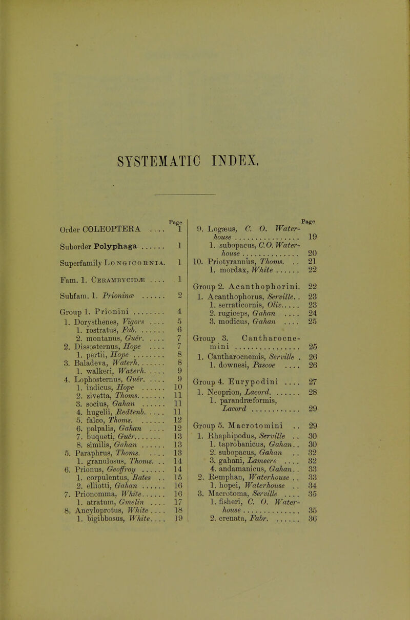 SYSTEMATIC INDEX. Page Order COLEOPTERA .... 1 Suborder Polyphaga 1 Superfamily LoNGicoRNiA. 1 Fam. 1. Cerambycid^ .... 1 Subfara. 1. Prionince 2 Group 1. Prionini 4 1. Dorystbenes, Vigors .... 5 1. rostratus, Fab 6 2. montanus, Gu6r 7 2. Dissosternus, Hope .... 7 1. pertii, Hope 8 3. Baladeva, Waterh 8 1. walkeri, Waterh 9 4. Lopbosternus, Guer 9 1. indicus, Hope 10 2. zivetta, Thorns 11 3. socius, Oahan 11 4. bugelii, Redtenh 11 6. falco, Thorns 12 6. palpalis, GaJian .... 12 7. buqueti, Guer 13 8. similis, Gahan 13 5. Parcapbrus, Thorns 13 1. granulosus, Thorns. . . 14 6. Prionus, Geoffroy 14 1. corpulentus, Bates . . 15 2. elliotti, Gahan 16 7. Prionomma, White 16 1. atratum, Gmelin .... 17 8. Ancyloprotus, White .... 18 Page 9. Logaeus, C. O, Water- house 19 1. svi\)o^&c\x&, CO. Water- house 20 10. Priotyxannus, Thorns. . . 21 1. mordax, White 22 Group 2. Acantbopborini. 22 1. Acantbopborus, Serville. . 23 1. serraticornis, Oliv 23 2. rugiceps, Gahan .... 24 3. modicus, Gahan .... 25 Group 3. Cantbarocne- niini 25 1. Oantbarocnemis, Serville . 26 1. downesi, Pascoe .... 26 Group 4. Eurypodini .... 27 1. Neoprion, Lacord 28 1. paraudrseformis, Lacord 29 Group 5. Macrotomini .. 29 1. Rbapbipodus, Serville .. 30 1. taprobanicus, Gahan.. 30 2. subopacus, Gahan . . 32 3. gahani, Lameere .... 32 4. andamanicus, Gahan. . 33 2. Rempban, Waterhouse . . 33 1. bopei, Waterhouse . . 34 3. Macrotoma, Serville .... 35 1. fisberi, C. O. Water- house 35