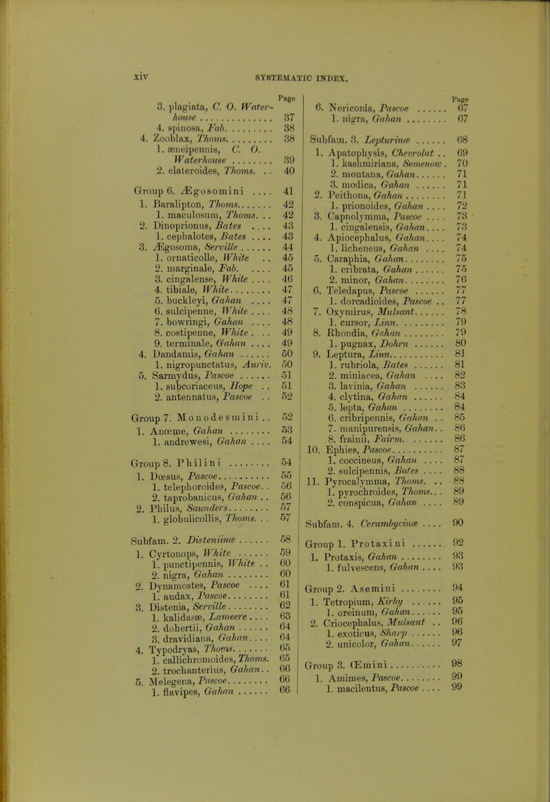 Pago 3. plagiata, C, 0. Water- house 37 4. spinosa, Fab 38 4. Zooblax, Thorns 38 1. oeneipennis, C. O. Watei'house 39 2. elateroides, Thorns. .. 40 Group 6. ^gosomini .... 41 1. Baralipton, Thorns 42 1. maculosiim, Thorns. . . 42 2. Dinoprionus, Bates .... 43 1. cephalotes, Bates .... 43 3. .^gosoina, Serville 44 1. oruaticoUe, White . . 45 2. marginale, Fab 45 3. cingalense, White .... 46 4. tibiale, White 47 6. buckleyi, Gahan .... 47 6. sulcipenne, White .... 48 7. bowringi, Gahan .... 48 8. costipenne, White .... 49 9. terminale, Gahan .... 49 4. Dandamis, Gahan 60 1. nigropunctatus, Auriv. 50 5. Sarmydus, Pascoe 51 1. subcoriaceus, Hope . . 51 2. antennatiis, Pascoe . . 52 Group 7. M o n 0 d e s in i n i , . 52 1. Anoeme, Gahan 53 1. andrewesi, Gahan .... 54 Groups. Philini 54 1. Doesus, Pascoe 55 1. telephoroides, Pascoe. . 56 2. taprobanicus, Gahan .. 56 2. Philus, Saunders 57 1. globulicollis, Thorns. . . 57 Subfam. 2. Disteniince 58 1. Cyrtonops, White 59 1. punctipennis, White . . 60 2. nigra, Gahan 60 2. Dynamostes, Pascoe .... 61 1. audax, Pascoe 61 3. Distenia, Sei-ville 62 1. kalidasse, Lameere .... 63 2. dobertii, Gahan 64 3. dravidiana, Gahan.... 64 4. Typodryas, Thorns 65 1. callichronioides, Thoins. 65 2. trocbanterius, Gahan.. 66 5. Melegena, Prtscoe 66 1. flavipes, Gahan 66 Page 6. Nericonia, Pascoe (57 1. nigra, Gahan 07 Subfam. 3. Lepturines (S8 1. Apatouhysis, Chevrolat .. 69 1. Icashmiriana, Semetiow . 70 2. montana, GWjan 71 3. modica, Gahan 71 2. Peithona, Gahan 7] 1. prionoides, Gahan .... 72 3. Capnolymma, Pascoe .... 73 1. cingalensis, Gahan.... 73 4. Apiocephalus, Gahan. ... 74 1. licbeneus, Gahan .... 74 5. Caraphia, Gahan 75 1. cribrata, Gahan 75 2. minor, Gahan 70 0. Teledapus, Pascoe 77 1. dorcadioides, Pascoe .. 77 7. Oxymiru8, Mulsant 78 1. cursor. Linn 79 8. Rbondia, Gahan 79 1. pugnax, Dohrn 80 9. Leptura, Linn 81 1. rubriola. Bates 81 2. miniacea, Gahan .... 82 3. lavinia, Gahan 83 4. clytina, Gahan 84 5. lepta, Gahan 84 6. cribripennis, Gahan . . 85 7. manipurensis, Gahan.. 86 8. frainii, Fairm 86 10. Ephies, P«scoe 87 1. coccineus, Gahan .... 87 2. sulcipennis. Bates .... 88 11. Pyroca]ymma, Thorns. .. 88 1. pyrocbroides. Thorns.. . 89 2. conspicua, Gahan .... 89 Subfam. 4. Cerambycina: .... 90 Group 1. Protaxini 92 1. Protaxis, Gahan 93 1. fulvescens, Gahan .... 93 Group 2. Asemini 94 1. Tetropium, Kirby 95 1. oreinum, Gahan 95 2. Criocepbalus, Mulsant .. 96 1. exoticus, Sharp 96 2. unicolor, Gahan 97 Group 3. (Emini 98 1. Amimes, Prtscoe 99 1. macilentus, Pascoe .... 99