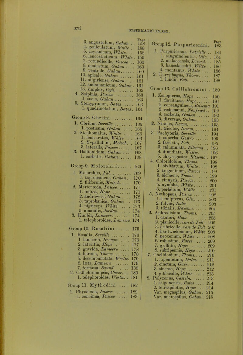 SYSTEMATIC INDEX. ^. angustuluni, Gahan . . 158 4. geuiculatum, White . . 168 5. zeylanicum, White 168 6. leucosticticum, White . 169 7. rotundicolle, Pascoe . . 100 8. modestum, Gaha7i 160 9. ventrale, Gahan 160 10. apicale, Gahan 161 11. uilgiriense, Gahan . . 161 12. andnnianicum, Gahan . 161 I'ti. simplex, Gi/il 162 4. Salpinia, Pascoe 163 1. socia, Gahan 163 6. Stenygrinum, Bates 163 1. quadi-inotatum, Bates . 164 Group 8. Obriini 164 1. Obrium, Serville 165 1. posticum, Gahan .... 165 2. Steuhomalus, White 160 1. fenestratiis, White .. 166 2. Y-pallidum, Motsch. . 167 3. lateralis, Pascoe 167 3. Ibidionidum, Gahan .... 168 1. corbetti, Gahan 168 Group 9. Molorcbini 169 1. Molorcbus, Fab 169 1. taprobanicus, Gahan . . 170 2. tiliformis, Motsch 170 2. Merionceda, Pascoe 171 1. indica, Hope 171 2. andrewesi, Gahan .... 172 3. taprobanica, Gahan . . 173 4. nigriceps, W?iite .... 173 5. amabilis, Jordan .... 174 3. Kunbir, Lameere 174 1. telepboroides, Lameere 174 Group 10. Kosaliini 176 1. Rosalia, ^SeraV/e 176 1. lameerei, Brongn 176 2. lateritia, Hope 177 3. gravida, Lameere .... 178 4. bariola, Thoins 178 5. decempunctata, Westw. 179 6. leeta, Lameere 179 7. formosa, Saund 180 2. Callichromopsis, Chevr. . . 180 1. telepboroides, Westw. . 181 Group 11. Mytbodini 182 1. Phyodexia, Pascoe 182 1. concinna, Pascoe .... 183 Group 12. Purpuricenini.. ^lis 1. Purpuricenus, Latrielle . . 184 1. sniiguinolentus, Oliv. . 184 2. nialaccensis, Lacord.. . J 85 3. baussknechti, Witte . 186 4. moutanus, White .... 186 2. Euryphagus, Thorns J 87 1. hmdii, Fab 188 Group 13. Callichromini . 189 1. Zonopterus, Hope 190 1. flavitarsis, Hope 191 2. consanguineus, 7?tVsma 191 3. redemanni, Nonfried.. 192 4. corbetti, Gahan 192 6. diversu8, Gahan 193 2. Nirasus, Newm 193 1. tricolor, Newm I94 3. Pachyteria, Serville .... I94 1. superba, Gestro 195 2. fasciata, Fab I95 3. calumniata, Ritsema .. 196 4. dimidiata, Westw. . . 196 6. cbrysogaster, Eitsema . 197 4. Cbloridolum, Thorns. . . 198 1. bivittatum, White 198 2. trogouinum, Pascoe .. 199 3. alcmene, Thorns I99 4. cinnyris, Pascoe 200 6. nympba, White 201 6. perlaetum, White 201 6. Nothopeus, Pascoe 202 1. bemipterus, Oliv 203 2. fulvus. Bates 203 3. tibialis, Pitsemn 204 6. Apbrodisium, Thoms. .. 205 1. cantori, Hojje 205 2. planicolle, van de Poll. 20(5 3. cribricolle, van de Poll 207 4. hardwickianum. White 208 5. neoxenum, White .... 208 6. robustuin. Pates .... 209 7. griffitbi, Hope 209 8. rubripennis, Hojie .... 210 7. Obelidonium, Thorns 210 1. argentatum, Dalm. .. 211 2. cinctum, Guer 212 3. sinense, Hoj)e 212 4. gibbicoUe, White 213 8. Polyzonus, Casteln 213 1. saigonensis, Bates .... 214 2. tetraspilotus, Hope .. 214 Var. megaspilus, Gahan . 216 Var. microspilus, Gahan . 215