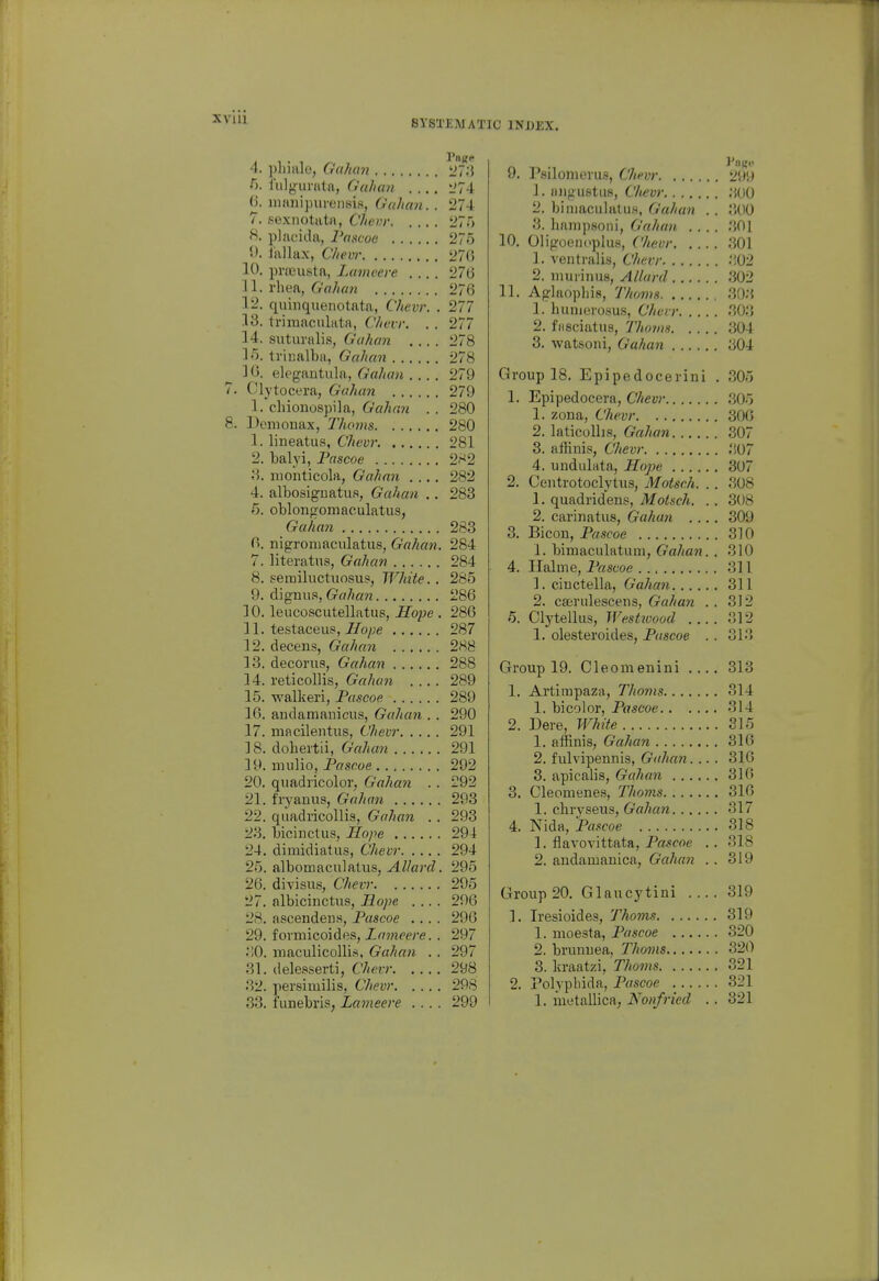 1 4. pliialo, Gahan 27;{ fi. fulgurata, Guhun .... l'74 6. manipiueiisis, Gahan, . 274 7. sexnotata, Clivvr 275 8. placida, I'ascoe 275 0, lallax, C/ievr 270 10. praeusta, Lcimeere 276 n. rhea, Gahan 276 12. quinquenotata, Chevr. . 277 13. trimaciiliita, C/ieii: . . 277 14. sutuvalis, Gahan .... 278 15. trinalba, Gahan 278 ]0. elegautula, Gahan .... 279 7. Clytocera, Gahan 279 1. clnonospila, Gahan . . 280 8. Demonax, Thorns 280 1. lineatus, Chevr 281 2. balyi, Pascoe 2i^2 8. nionticola, Gahan .... 282 4. albosiguatua, Gahan .. 283 5. oblongomaculatus, Gahan 283 0>. nigromaculatus, Gahan. 284 7. literatus, Gahan 284 8. semiluctnosus, White.. 285 9. dignus, (x«7;a?2 286 10. leiicoscutellatus, jETo^jg . 280 11. testaceup, Hope 287 12. decens, Gahan 288 13. decorus, Gahan 288 14. reticollis, G-'«/ifl» .... 289 15. walkeri, Pascoe 289 16. andamanicus, Gahan . . 290 17. macileiitiis, Chev7' 291 18. doheitii, Gahan 291 19. mulio, Pascoe 292 20. qiiadricolor, Gahan . . 292 21. fi'vanus, Gahan 293 22. quadricollis, Gahan . . 293 23. bicinclus, Hope 294 24. dimidiatus, Chevr 294 25. albomaculatus, Allard. 295 26. divisus, Chevr 295 27. albicinctus, Hope .... 296 28. ascendeus, Pascoe .... 296 29. formicoides, X/raim-e. . 297 30. maculicollivS, Gahan . . 297 31. delesserti, Chevr 298 32. persimilis, Chevr 298 33. funebriS; Lameere .... 299 9. Psilonierus, Chevr 299 1. a)igiistiis, Chevr .,00 2. bimaculatu.s, Gahan . . '.WO 3. hanipsoni, Gahan .... .'{01 10. OWix oen(>plus, Chevr 301 1. veiitralis, Chevr :'02 2. in u rill us, Allard 302 11. Aglaophis, Thorns 30;'. 1. hunierosus, Chevr 30.'5 2. fiisciatus, Thorns 304 3. watsoni, Gahan (104 Group 18. Epipedocei'ini . 305 1. Epipedocera, Chevr .305 1. zona, Chevr 300 2. laticoUis, G^rtZ/flM 307 3. affinis, Chevr .'i07 4. undulata, Hope 307 2. Centrotoclytus, Motseh. . . 308 1. quadridens, Motsch. . . 308 2. carinatus, Gahan .... 309 3. Eicon, Pascoe 310 1. bimaculatuni, Gahan. . 310 4. Halme, Pascoe 311 1. cinctella, Gahan 311 2. caerulescens, Gahan . . 312 6. Clytellus, Weshoood 312 1. olesteroides, Pascoe . . 313 Group 19. Cleomenini .... 313 1. Artiiupaza, ThotJis 314 1. bicolor, Pascoe 314 2. Dere, White 315 1. affinis, Gahan 316 2. fulvipennis, Gahan.... 310 3. apicalis, Gahan 310 3. Cleomenes, Thorns 310 1. cliryseus, Gahan 317 4. Nida, Pascoe 318 1. flavovittata, Pascoe . . 318 2. andamanica, Gahan .. 319 Group 20. Glaucytini .... 319 1. Iresioides, Thorns 319 1. moesta, Pascoe 320 2. brunnea, Thorns 320 3. Itraatzi, Thorns 321 2. Polyphida, Pascoe 321 1. metailica, Nonfried . . 321
