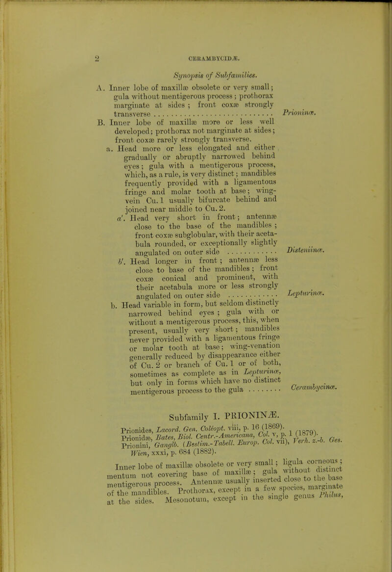 Syn02)si8 of Subfamilies. A. Inner lobe of maxillso obsolete or very small; gula without nientigerous process ; prothorax margiuate at sides ; front coxae strongly transverse Prionince. B. Inner lobe of maxilla3 more or less well developed; prothorax not niarginatc at sides; front coxae rarely strongly transverse, a. Head more or less elongated and either . gradually or abruptly narrowed behind eyes; gala with a mentigerous process, which, as a rule, is very distinct; mandibles frequently provided with a ligamentous fringe and molar tooth at base; wing- vein Cu. 1 usually bifurcate behind and joined near middle to Cu. 2. a'. Head very short in front; antennae close to' the base of the mandibles ; front coxae subglobular, with their aeeta- bula rounded, or exceptionally slightly angulated on outer side Distemtnce. b'. Head longer in front ; antennae less close to base of the mandibles ; front cox^ conical and prominent, with their acetabula more or less strongly angulated on outer side Lepturince. b. Head variable in form, but seldom distinctly narrowed behind eyes ; gula with or without a mentigerous process, this, when present, usually very short; mandibles never provided with a ligamentous frnige or molar tooth at base; wing-venation generally reduced by disappearance either of Cu. 2 or branch of Cu. 1 or of both, sometimes as complete as in Lepturinoi, but only in forms which have no distinct , mentigerous process to the gula GemmhycxmB. Subfamily 1. PRIONIN^. Prionides, Lacord. Gen. Coleopt viii, p. 16 (1869)- Vxiomd.^, Bates, BioL Centr.-Aniencana, ^^-^^ P-l^JV^', vZmm Ganc/lb. {Beslim.-TabelL Europ. Col.yn). Verh.z.-h. Ges. Wien, xxxi;?. 684 (1882). Inner lobe of maxilla obsolete or very small; ligula corneous ;