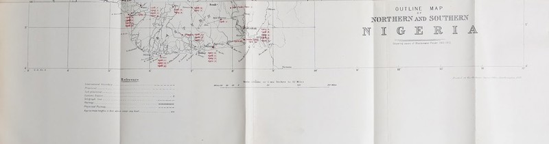 OUTLINE MAP 0 F international bounda- ProvinciaJ „ _ Sub-proi/incia.1 - Customs SLalion Telegraph line RaJl^ay- Projected RaJIway Approximats heights in feet above mean sea, levei. f