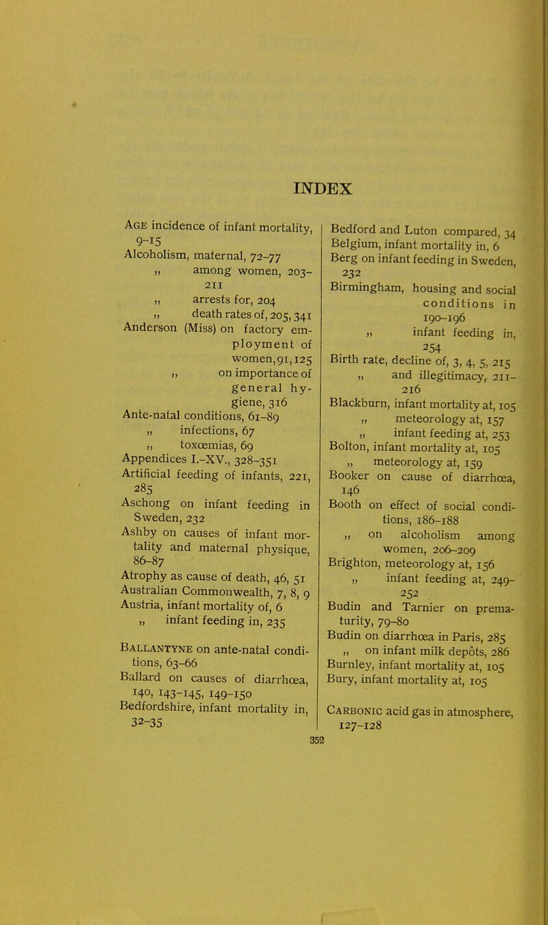 Age incidence of infant mortality, 9-15 Alcoholism, maternal, 72-77 „ among women, 203- 211 „ arrests for, 204 „ deatti rates of, 205,341 Anderson (Miss) on factoi-y em- ployment of women,91,125 „ on importance of general hy- giene, 316 Ante-natal conditions, 61-89 „ infections, 67 „ toxoemias, 69 Appendices I.-XV., 328-351 Artificial feeding of infants, 221, 285 Aschong on infant feeding in Sweden, 232 Ashby on causes of infant mor- tality and maternal physique, 86-87 Atrophy as cause of death, 46, 51 Australian Commonwealth, 7, 8, 9 Austria, infant mortality of, 6 „ infant feeding in, 235 Ballantyne on ante-natal condi- tions, 63-66 Ballard on causes of diarrhoea, 140, 143-145. 149-150 Bedfordshire, infant mortality in, 32-35 Bedford and Luton compared, 34 Belgium, infant mortality in, 6 Berg on infant feeding in Sweden, 232 Birmingham, housing and social conditions in 190-196 „ infant feeding in, 254 Birth rate, decline of, 3, 4, 5, 215 „ and illegitimacy, 211- 216 Blackburn, infant mortality at, 105 „ meteorology at, 157 „ infant feeding at, 253 Bolton, infant mortality at, 105 „ meteorology at, 159 Booker on cause of diarrhoea, 146 Booth on effect of social condi- tions, 186-188 „ on alcoholism among women, 206-209 Brighton, meteorology at, 156 „ infant feeding at, 249- 252 Budin and Tarnier on prema- turity, 79-80 Budin on diarrhoea in Paris, 285 „ on infant milk depots, 286 Burnley, infant mortality at, 105 Bury, infant mortality at, 105 Carbonic acid gas in atmosphere, 127-128