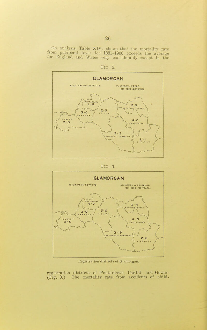 On analysis Table XIV. shows tliat tlie mortality rate from puerperal fever for 1881-1900 exceeds the average for England and Wales very considerably except in the Fig. 3, GLAMORGAN REICISTRATION DISTRICTS PUERPEBAL FCVER IMI - 1900 (20YCARSJ Fig. 4. GLAMORGAN REGISTRATION DISTRICTS ACCIOENTS or CMILDilRTM. laSI - I900 (20 YEARS.) Registration districts of Glamorgan. registration districts of Pontardawe, Cardiff, and Gower. (Fig. 3.) The mortality rate from accidents of child-