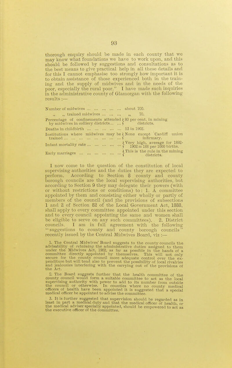 thorough enquiry should be made in each county that we may know what foundations we have to work upon, and this should be followed by suggestions and consultations as to the best means to give pi-actical help in all these details and for this I cannot emphasise too strongly how important it is to obtain assistance of those experienced both in the train- ing and the supply of midwives and in the needs of the poor, especially the rural poor. I have made such inquiries in the administrative county of Glamorgan with the following- results :— Number of midwives about 700. „ ,, trained midwives „ 70. Percentage of confinements attended ) 80 per cent, in mining Deaths in childbirth 53 in 1902. Institutions where midwives may be)_ None except Cardiff union I now come to the question of the constitution of local supervising authorities and the duties they are expected to perform. According to Section 8 county and county borough councils are the local supervising authorities, but according to Section 9 they may delegate their powers (with or without restrictions or conditions) to : 1. A committee appointed by them and consisting either wholly or partly of members of the council (and the j)rovisions of subsections 1 and 2 of Section 82 of the Local Government Act, 1888, shall apply to every committee appointed under this section and to every council appointing the same and women shall be eligible to serve on any such committees). 2. District councils. I am in full agreement with the following suggestions to county and county borough councils recently issued by the Central Midwives Board, viz :— 1. The Central Midwives' Board suggests to the county councils the advisability of retaining the administrative duties assigned to them under the Midwives Act, 1902, as far as possible in the hands of a committee directly appointed by themselves. This will not only secure for the county council iuore adequate control over the ex- penditure but will tend also to prevent the possibility of local rivalries and jealousies interfering with the carrying out of the provisions of the Act. 2. The Board suggests further that the health committee of the county council would form a suitable committee to act as the local supervising authority with power to add to its number from outside the council or otherwise. In counties where no county medical officers of health have been appointed it is suggested that a special medical officer be appointed to advise the committee. 3. It is further suggested that supervision should be regarded as in least in part a medical duty and that the medical officer of health, or the medical adviser specially appointed, should be empowered to act as the executive officer of the committee. districts. Infant mortality rate ... Early marriages trained ... ... j infirmary. ^Very high, average for 1892- • • • ) 1&02 = 188 per 1000 births. ) This is the rule in the mining ■ 1 districts.