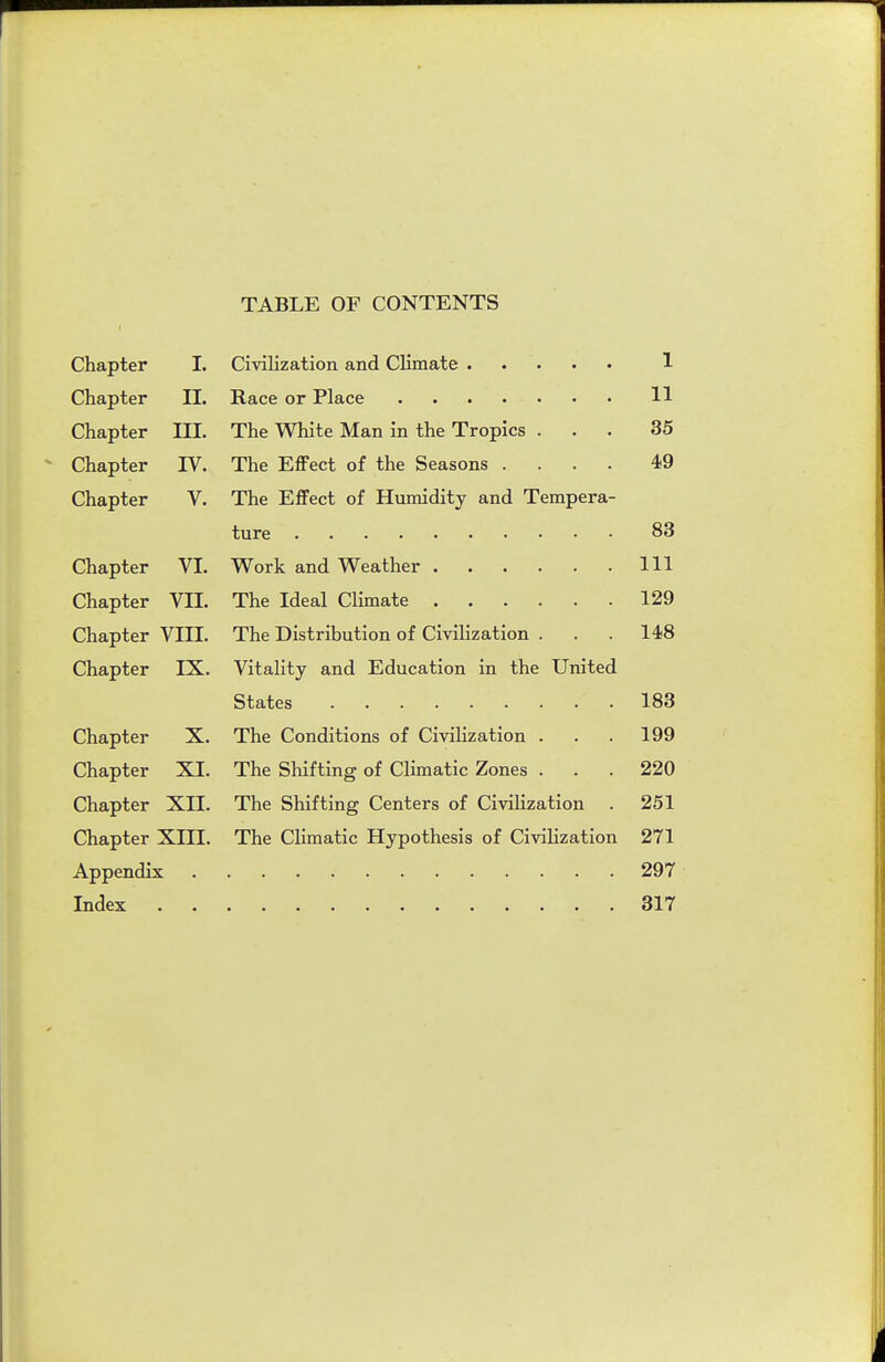 TABLE OF CONTENTS Chapter I. Civilization and Climate 1 Chapter 11. Race or Place 11 Chapter HI. The White Man in the Tropics ... 35 Chapter IV. The Effect of the Seasons .... 49 Chapter V. The Effect of Humidity and Tempera- ture 83 Chapter VI. Work and Weather Ill Chapter VII. The Ideal CHmate 129 Chapter VIII. The Distribution of Civilization ... 148 Chapter IX. Vitality and Education in the United States 183 Chapter X. The Conditions of Civilization . . . 199 Chapter XI. The Shifting of Climatic Zones ... 220 Chapter XII. The Shifting Centers of Civilization . 251 Chapter XIII. The Climatic Hypothesis of Civilization 271 Appendix 297 Index 317