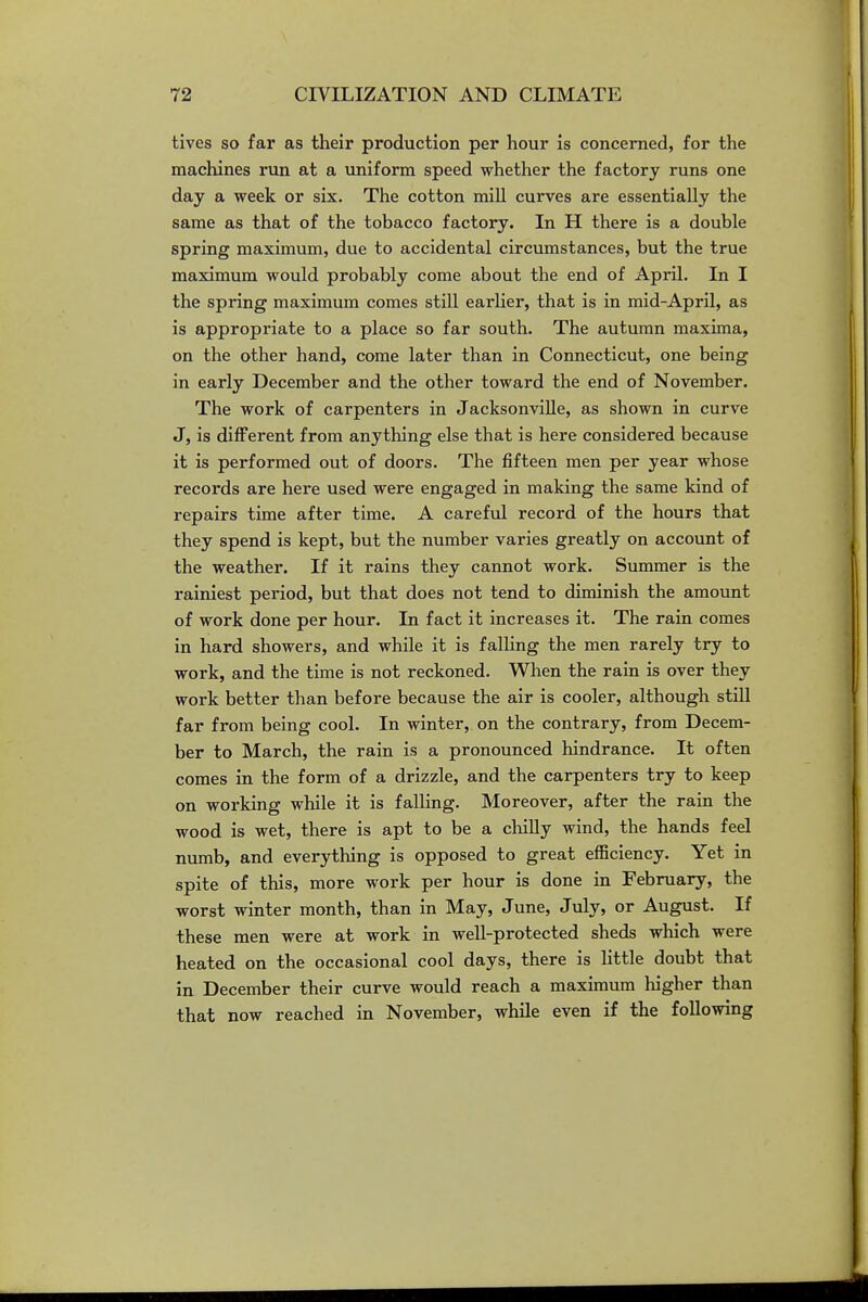 tives so far as their production per hour is concerned, for the machines run at a uniform speed whether the factory runs one day a week or six. The cotton mill curves are essentially the same as that of the tobacco factory. In H there is a double spring maximum, due to accidental circumstances, but the true maximum would probably come about the end of April. In I the spring maximum comes still earUer, that is in mid-April, as is appropriate to a place so far south. The autumn maxima, on the other hand, come later than in Connecticut, one being in early December and the other toward the end of November. The work of carpenters in Jacksonville, as shown in curve J, is different from anything else that is here considered because it is performed out of doors. The fifteen men per year whose records are here used were engaged in making the same kind of repairs time after time. A careful record of the hours that they spend is kept, but the number varies greatly on account of the weather. If it rains they cannot work. Summer is the rainiest period, but that does not tend to diminish the amount of work done per hour. In fact it increases it. The rain comes in hard showers, and while it is falUng the men rarely try to work, and the time is not reckoned. When the rain is over they work better than before because the air is cooler, although still far from being cool. In winter, on the contrary, from Decem- ber to March, the rain is a pronounced hindrance. It often comes in the form of a drizzle, and the carpenters try to keep on working while it is falling. Moreover, after the rain the wood is wet, there is apt to be a chiUy wind, the hands feel numb, and everything is opposed to great efficiency. Yet in spite of this, more work per hour is done in February, the worst winter month, than in May, June, July, or August. If these men were at work in well-protected sheds which were heated on the occasional cool days, there is little doubt that in December their curve would reach a maximum higher than that now reached in November, while even if the following