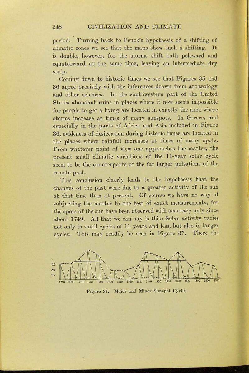 period. Turning back to Penck's hypothesis of a shifting of climatic zones we see that the maps show such a shifting. It is double, however, for the storms shift both poleward and equatorward at the same time, leaving an intermediate dry strip. Coming down to historic times we see that Figures 35 and 36 agree precisely with the inferences drawn from archaeology and other sciences. In the southwestern part of the United States abundant ruins in places where it now seems impossible for people to get a living are located in exactly the area where storms increase at times of many sunspots. In Greece, and especially in the parts of Africa and Asia included in Figure 36, evidences of desiccation during historic times are located in the places where rainfall increases at times of many spots. From whatever point of view one approaches the matter, the present small climatic variations of the 11-year solar cycle seem to be the counterparts of the far larger pulsations of the remote past. This conclusion clearly leads to the hypothesis that the changes of the past were due to a greater activity of the sun at that time than at present. Of course we have no way of subjecting the matter to the test of exact measurements, for the spots of the sun have been observed with accuracy only since about 1749. All that we can say is this: Solar activity varies not only in small cycles of 11 years and less, but also in larger cycles. This may readily be seen in Figure 37. There the Figure 37. Major and Minor Sunspot Cycles