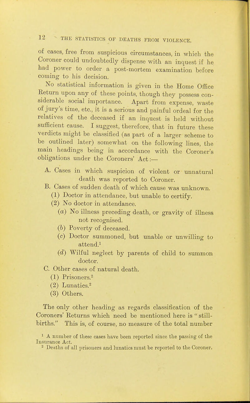 of cases, free from suspicious circumstances, in which the Coroner could undoubtedly dispense with an inquest if he had power to order a post-mortem examination before coming to his decision. No statistical information is given in the Home Office Return upon any of these points, though they possess con- siderable social importance. Apart from expense, waste of jury's time, etc., it is a serious and painful ordeal for the relatives of the deceased if an inquest is held without sufficient cause. I suggest, therefore, that in future these verdicts might be classified (as part of a larger scheme to be outlined later) somewhat on the following lines, the main headings being in accordance with the Coroner's obligations under the Coroners' Act:— A. Cases in which suspicion of violent or unnatural death was reported to Coroner. B. Cases of sudden death of which cause was unknown. (1) Doctor in attendance, but unable to certify. (2) No doctor in attendance. (a) No illness preceding death, or gravity of illness not recognised. (6) Poverty of deceased. (c) Doctor summoned, but unable or unwilling to attend.^ {d) Wilful neglect by parents of child to summon doctor. C. Other cases of natural death. (1) Prisoners.^ (2) Lunatics.^ (3) Others. The only other heading as regards classification of the Coroners' Returns which need be mentioned here is  still- births. This is, of course, no measure of the total number 1 A number of these cases have been reported since the passing of the Insurance Act.