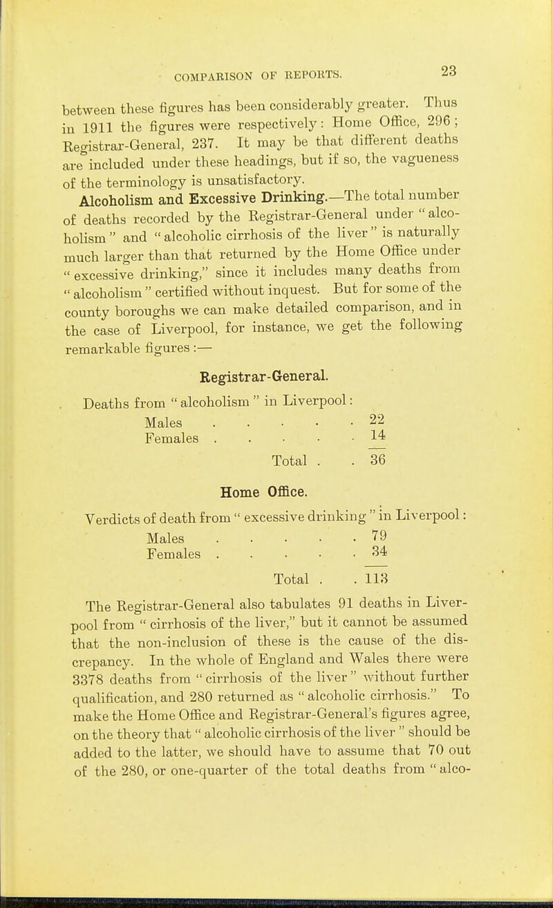 between these figures has been considerably greater. Thus in 1911 the figures were respectively: Home Office, 296 ; Registrar-General, 237. It may be that difierent deaths areincluded under these headings, but if so, the vagueness of the terminology is unsatisfactory. Alcoholism and Excessive Drinking.—The total number of deaths recorded by the Registrar-General under  alco- holism  and  alcoholic cirrhosis of the liver  is naturally much larger than that returned by the Home Office under  excessive drinking, since it includes many deaths from  alcoholism  certified without inquest. But for some of the county boroughs we can make detailed comparison, and in the case of Liverpool, for instance, we get the following remarkable figures:— Registrar-General. Deaths from  alcoholism  in Liverpool: Males 22 Females 14 Total . . 36 Home Office. Verdicts of death from  excessive drinking  in Liverpool: Males 79 Females 34 Total . .113 The Registrar-General also tabulates 91 deaths in Liver- pool from  cirrhosis of the liver, but it cannot be assumed that the non-inclusion of these is the cause of the dis- crepancy. In the whole of England and Wales there were 3378 deaths from  cirrhosis of the liver  without further qualification, and 280 returned as  alcoholic cirrhosis. To make the Home Office and Registrar-General's figures agree, on the theory that  alcoholic cirrhosis of the liver  should be added to the latter, we should have to assume that 70 out of the 280, or one-quarter of the total deaths from  alco-