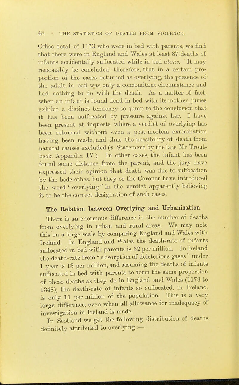 Office total of 1173 who were in bed with parents, we find that there were in England and Wales at least 87 deaths of infants accidentally suffocated while in bed alone. It may reasonably be concluded, therefore, that in a certain pro- portion of the cases returned as overlying, the presence of the adult in bed was only a concomitant circumstance and had nothinfr to do with the death. As a matter of fact, when an infant is found dead in bed with its mother, juries exhibit a distinct tendency to jump to the conclusion that it has been suffocated by pressure against her. I have been present at inquests where a verdict of overlying has been returned without even a post-mortem examination having been made, and thus the possibility of death from natural causes excluded (v. Statement by the late Mr Trout- beck, Appendix IV.). In other cases, the infant has been found some distance from the parent, and the jury have expressed their opinion that death was due to suffocation by the bedclothes, but they or the Coroner have introduced the word  overlying  in the verdict, apparently believing it to be the correct designation of such cases. The Relation between Overlying and Urbanisation. There is an enormous difference in the number of deaths from overlying in urban and' rural areas. We may note this on a large scale by comparing England and Wales with Ireland. In England and Wales the death-rate of infants suffocated in bed with parents is 32 per million. In Ireland the death-rate from  absorption of deleterious gases  under 1 year is 13 per million, and assuming the deaths of infants suffocated in bed with parents to form the same proportion of these deaths as they do in England and Wales (1173 to 1348), the death-rate of infants so suffocated, in Ireland, is only 11 per million of the population. This is a very large difference, even when all allowance for inadequacy of investigation in Ireland is made. In Scotland we get the following distribution of deaths definitely attributed to overlying:—